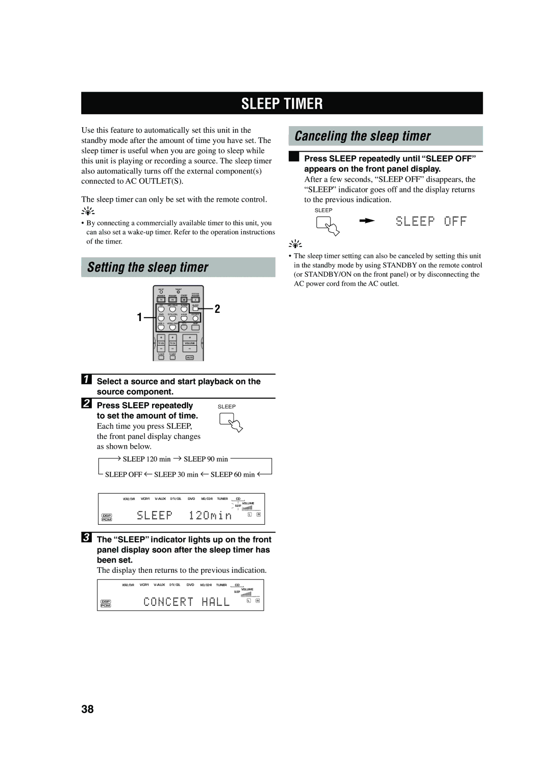 Yamaha HTR-5560 owner manual Sleep Timer, Setting the sleep timer, Canceling the sleep timer, To set the amount of time 