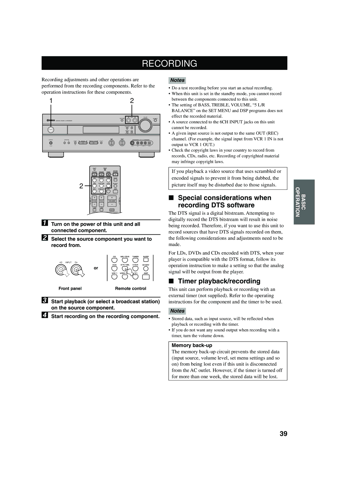 Yamaha HTR-5560 owner manual Recording, Special considerations when recording DTS software, Timer playback/recording 