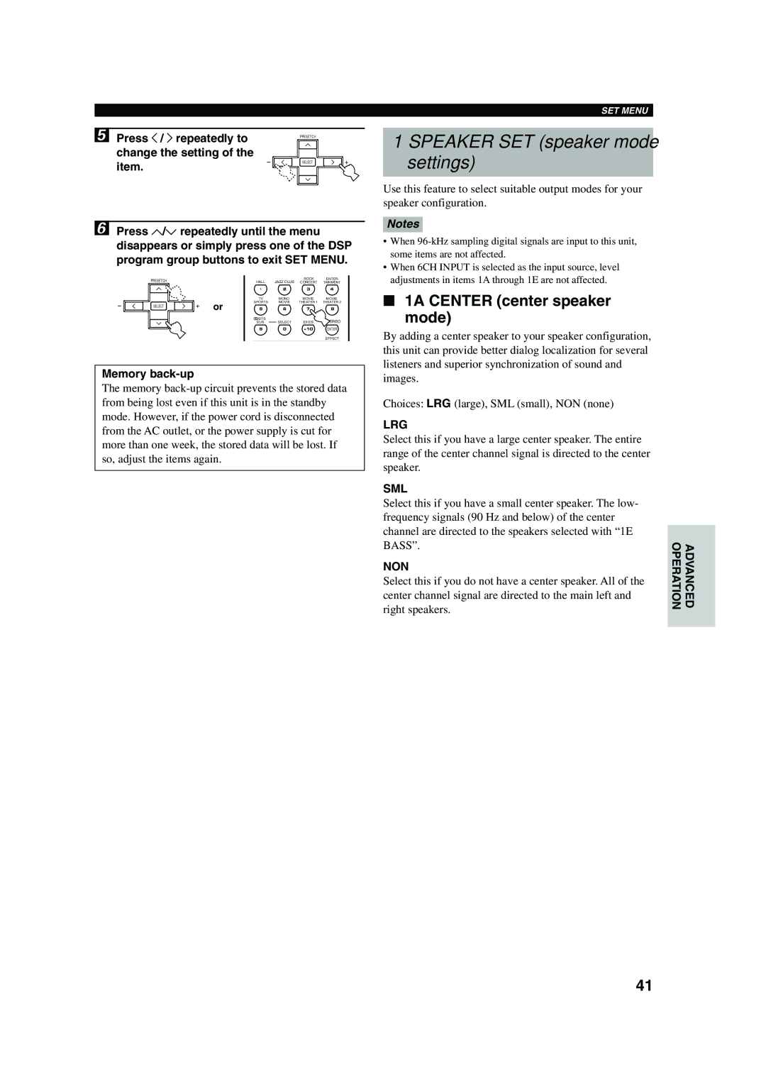 Yamaha HTR-5560 owner manual Speaker SET speaker mode settings, 1A Center center speaker mode, Lrg, Sml, Non 