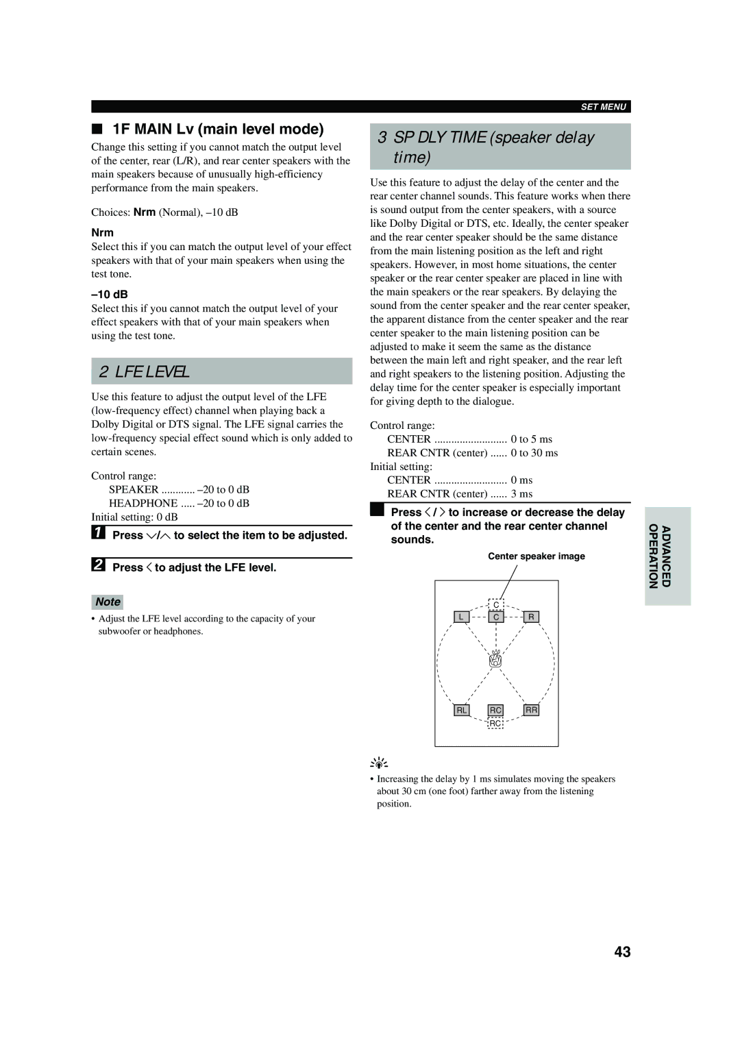 Yamaha HTR-5560 owner manual SP DLY Time speaker delay time, 1F Main Lv main level mode, Nrm, 10 dB 