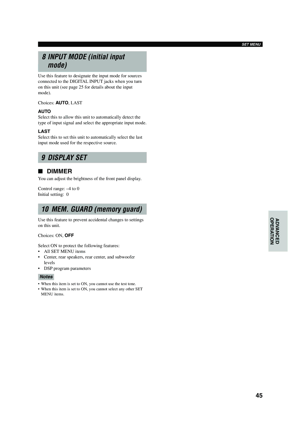 Yamaha HTR-5560 owner manual Input Mode initial input mode, 10 MEM. Guard memory guard, Auto, Last 