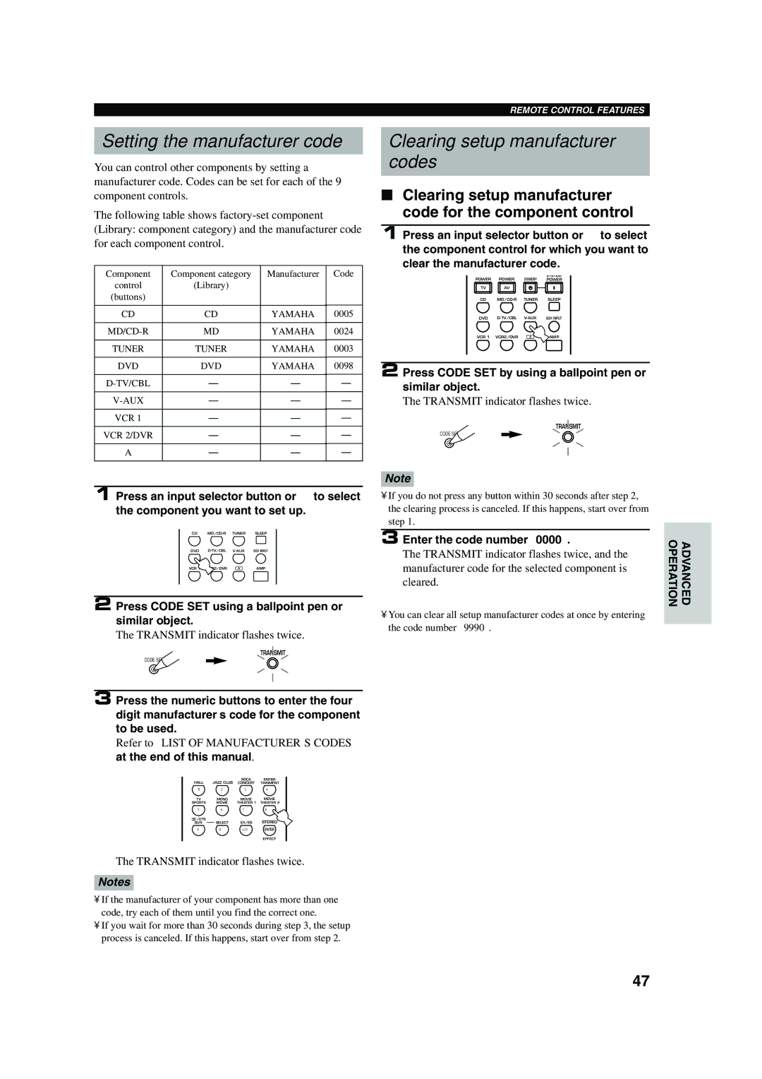 Yamaha HTR-5560 owner manual Setting the manufacturer code, Clearing setup manufacturer Codes 