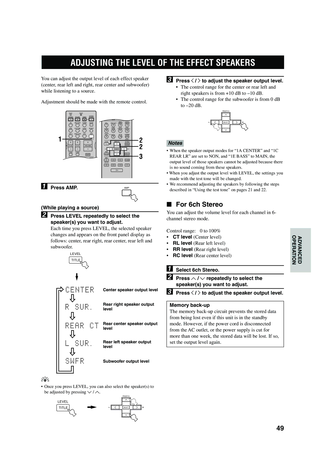 Yamaha HTR-5560 Adjusting the Level of the Effect Speakers, For 6ch Stereo, Press j / i to adjust the speaker output level 