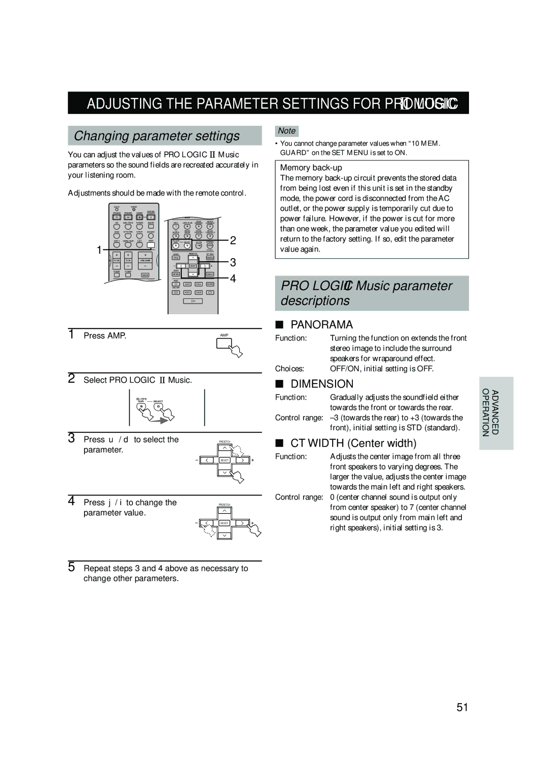 Yamaha HTR-5560 owner manual Changing parameter settings, PRO Logic Music parameter Descriptions, CT Width Center width 