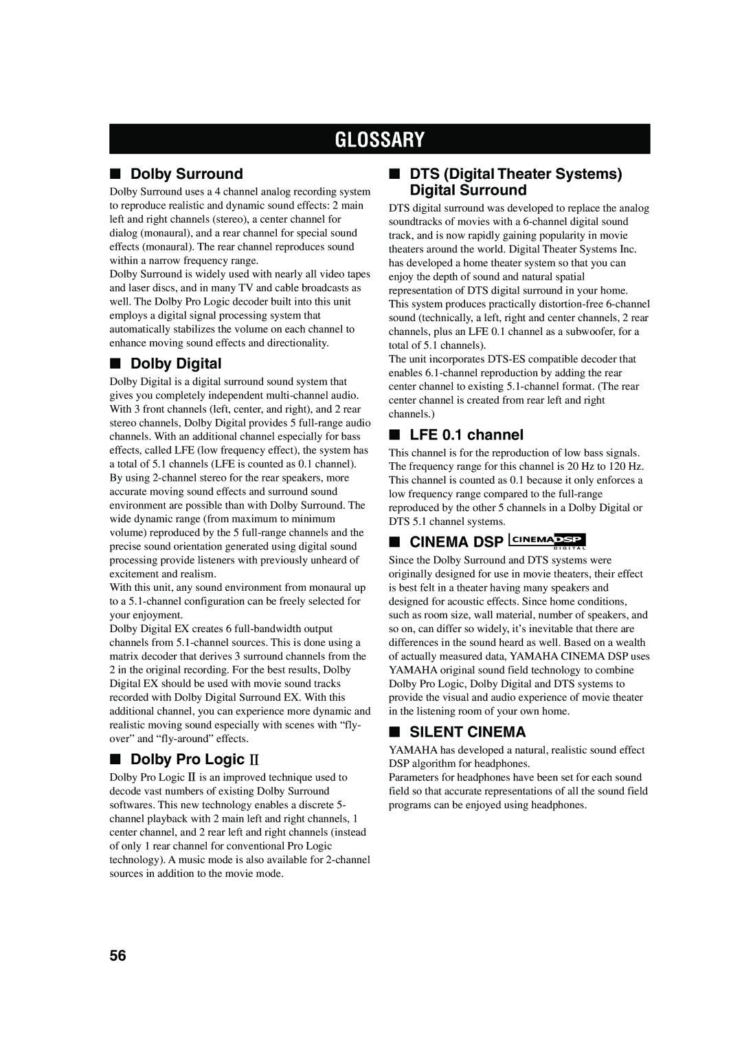 Yamaha HTR-5560 Glossary, Dolby Surround, Dolby Digital, DTS Digital Theater Systems Digital Surround, LFE 0.1 channel 