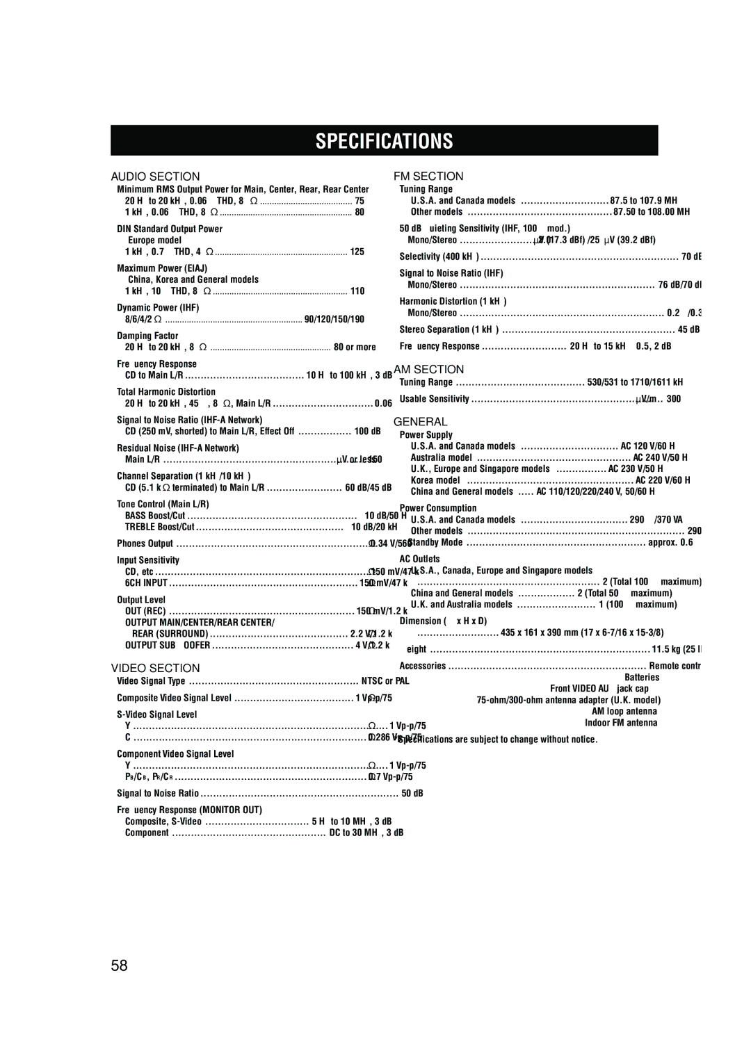 Yamaha HTR-5560 owner manual Specifications 