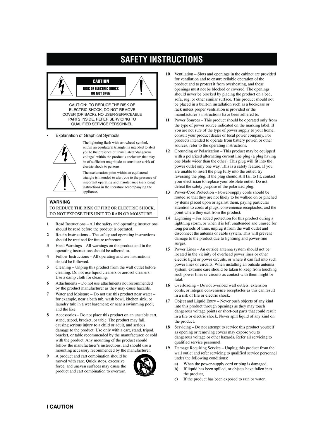 Yamaha HTR-5560 owner manual Safety Instructions, I Caution 