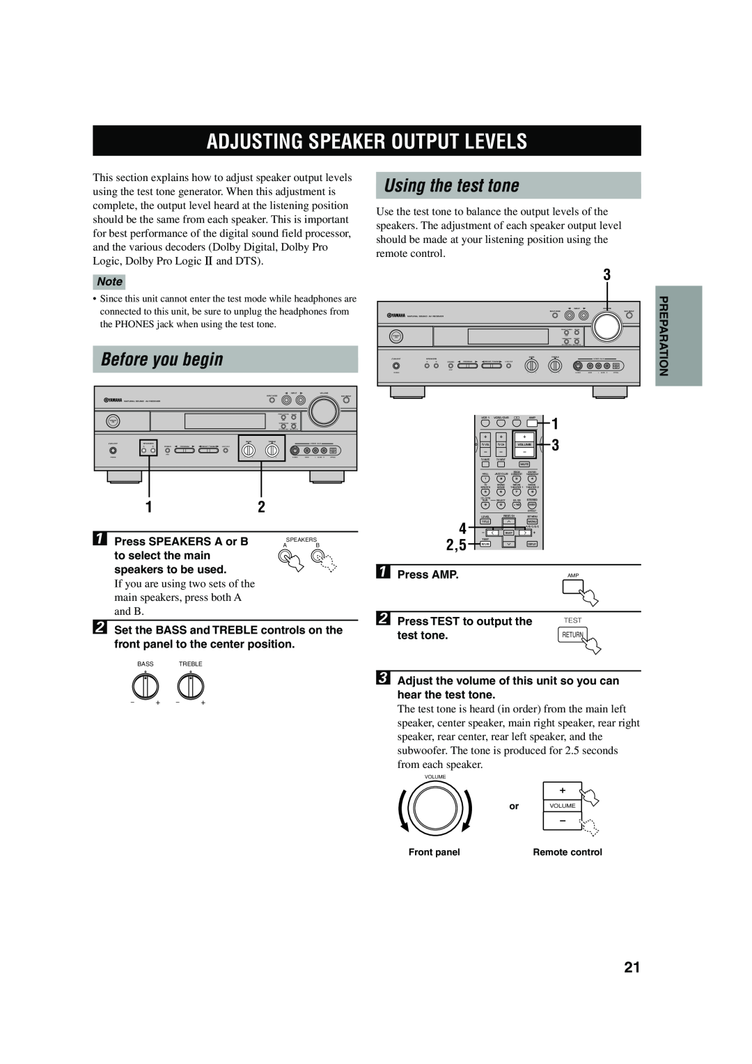 Yamaha HTR-5560 owner manual Adjusting Speaker Output Levels, Before you begin, Using the test tone 