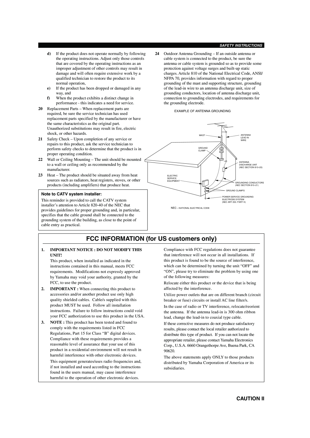 Yamaha HTR-5560 owner manual FCC INFORMATION for US customers only, Note to CATV system installer 