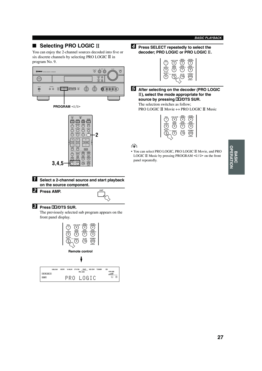 Yamaha HTR-5560 owner manual Selecting PRO LOGIC, 3,4,5, Logic, Basic Playback 