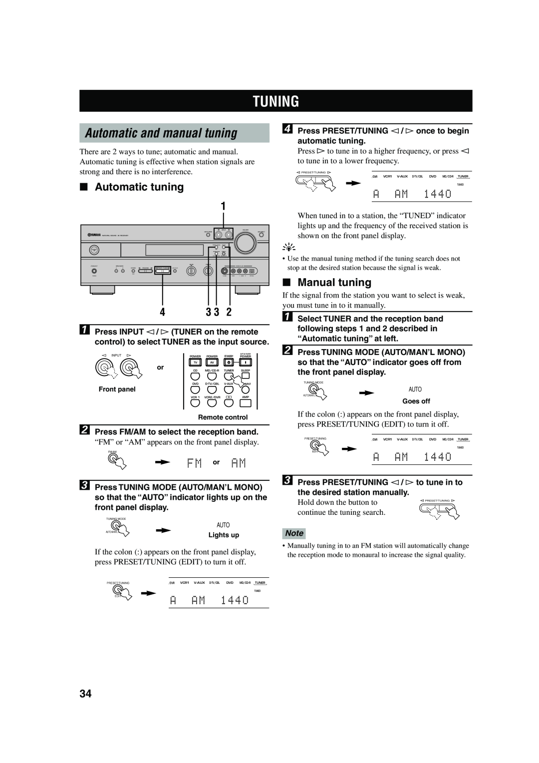 Yamaha HTR-5560 owner manual Tuning, Automatic and manual tuning, Automatic tuning, A AM 144O, Manual tuning 