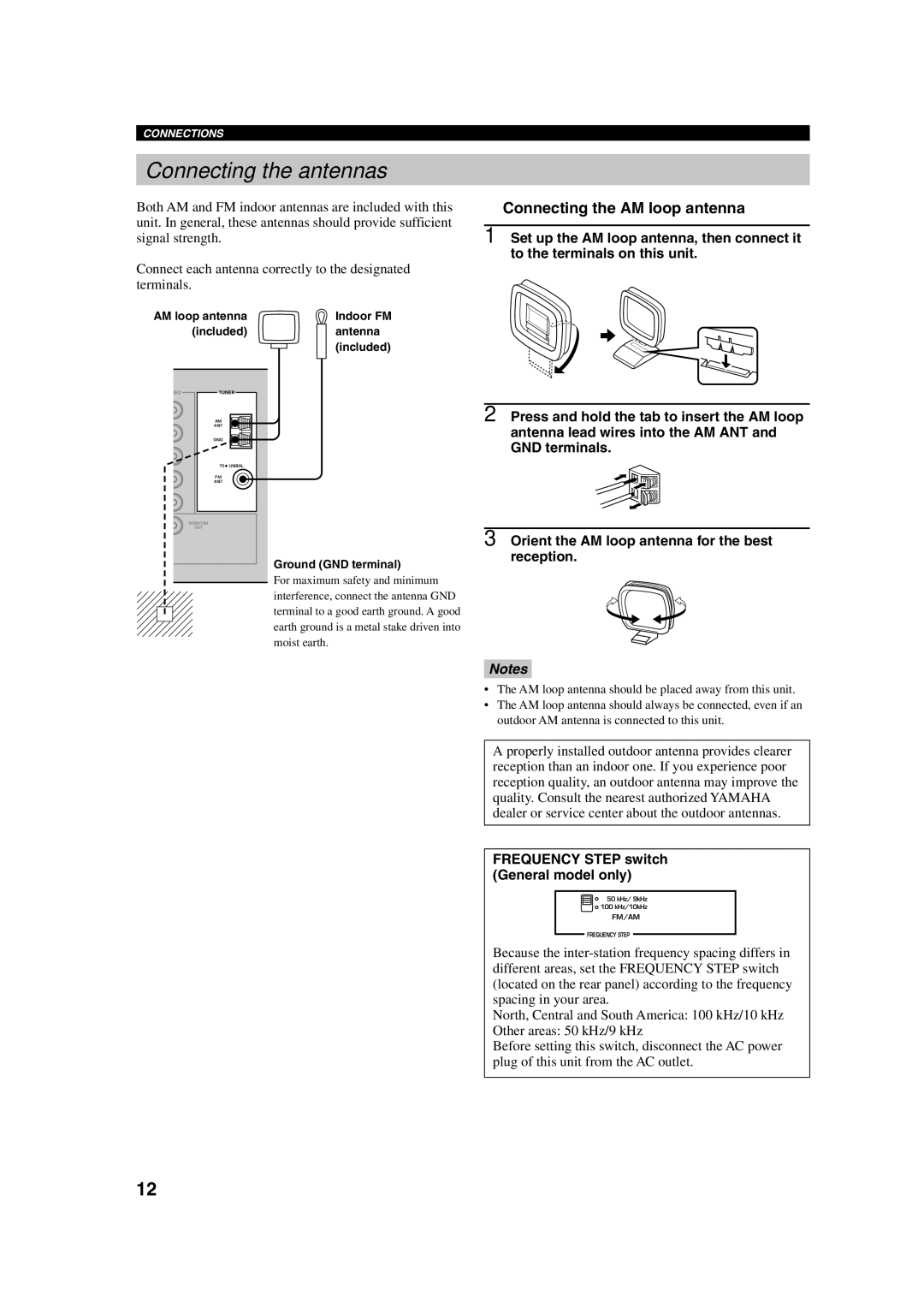 Yamaha HTR-5630RDS Connecting the antennas, Connecting the AM loop antenna, Frequency Step switch General model only 