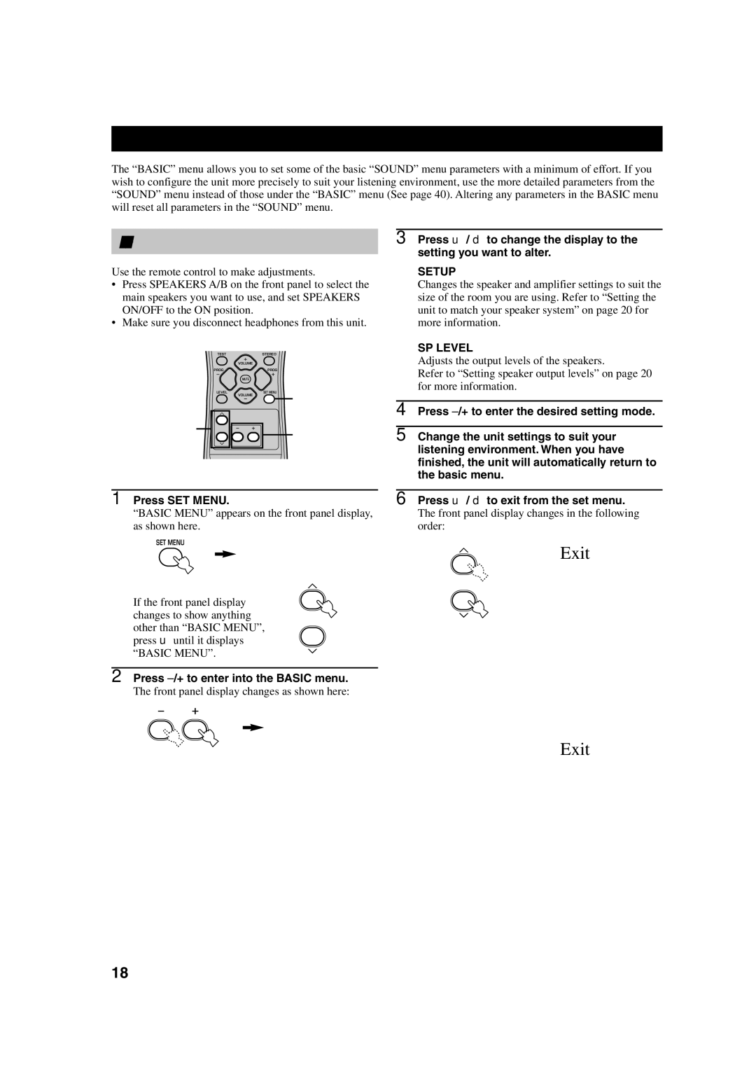 Yamaha HTR-5630RDS owner manual Basic System Settings, Using the basic menu, Setup, SP Level 