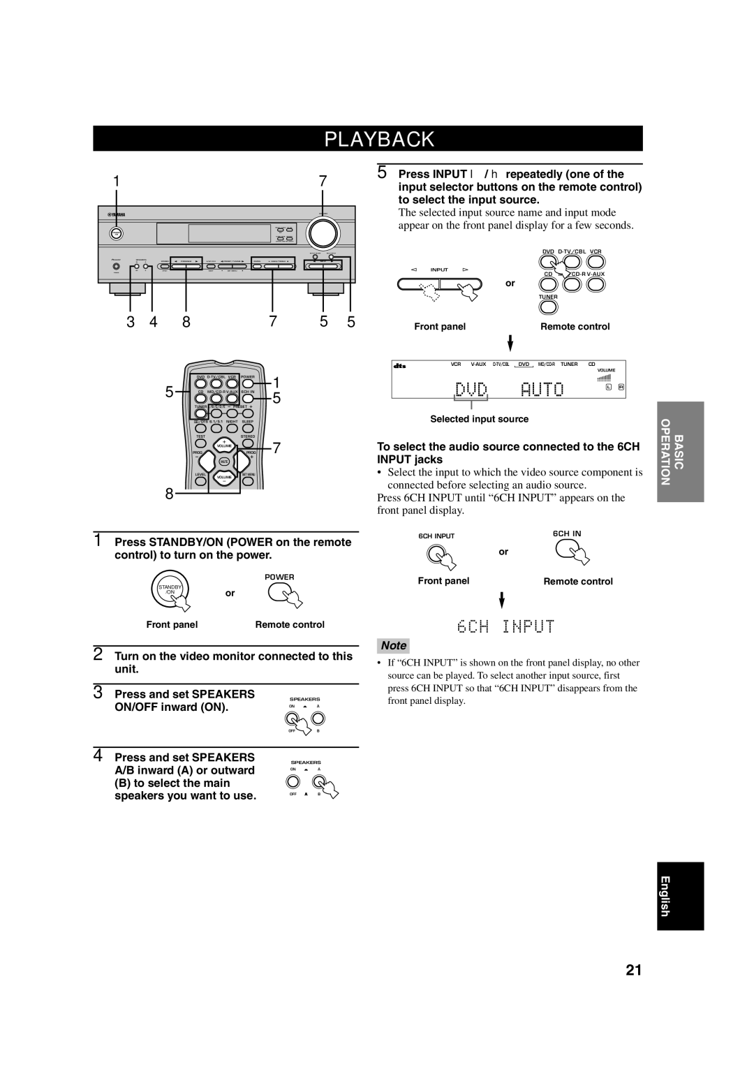 Yamaha HTR-5630RDS owner manual Playback, ON/OFF inward on, To select the audio source connected to the 6CH Input jacks 