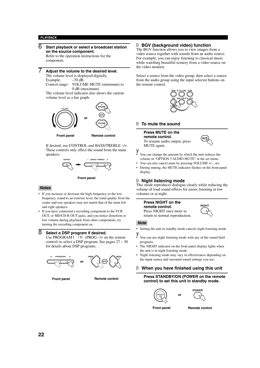 Yamaha HTR-5630RDS owner manual BGV background video function, To mute the sound, Night listening mode 