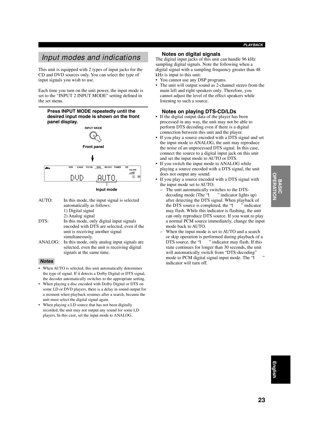 Yamaha HTR-5630RDS owner manual Input modes and indications, Dvd 