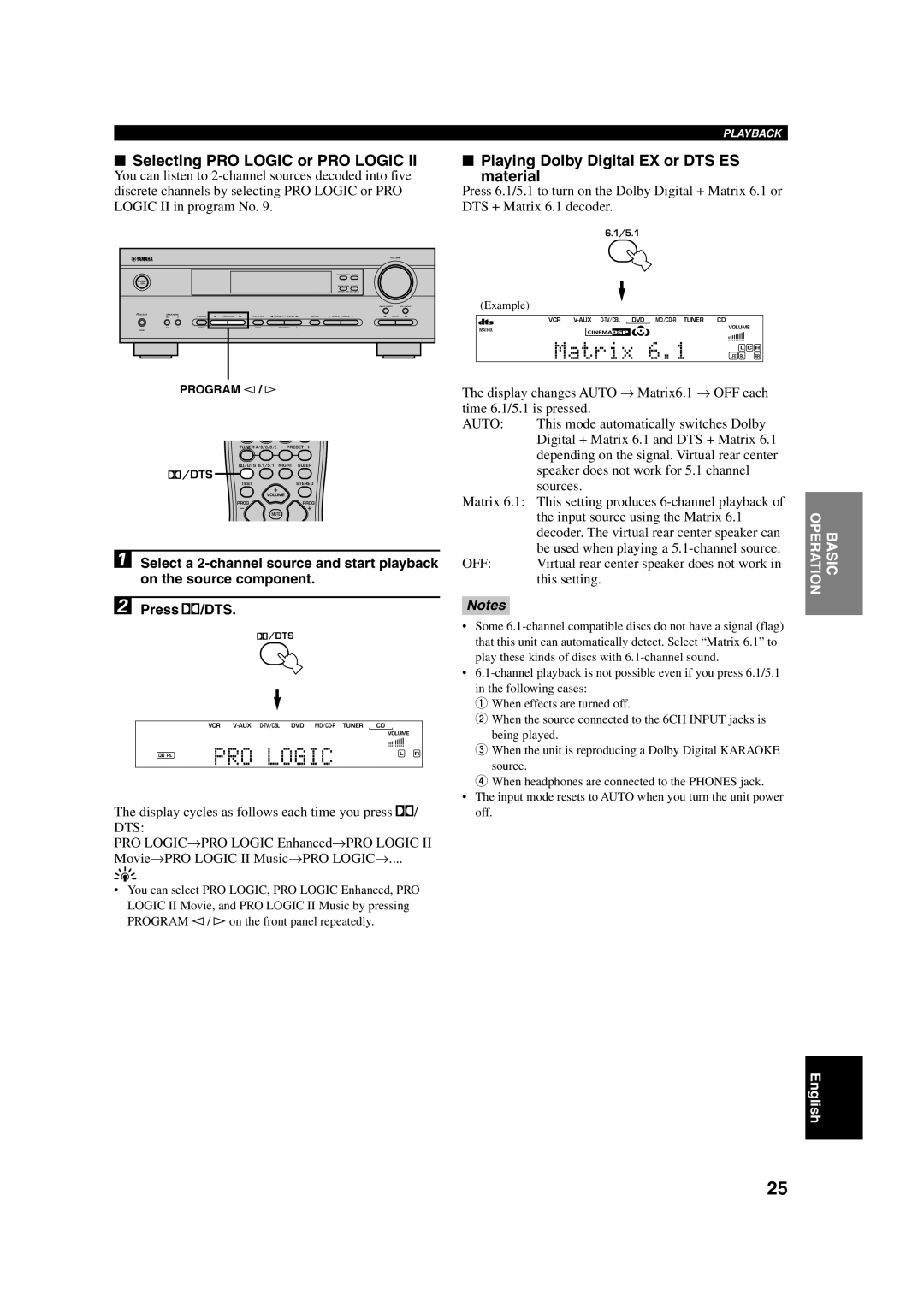 Yamaha HTR-5630RDS owner manual Selecting PRO Logic or PRO Logic, Playing Dolby Digital EX or DTS ES Material 