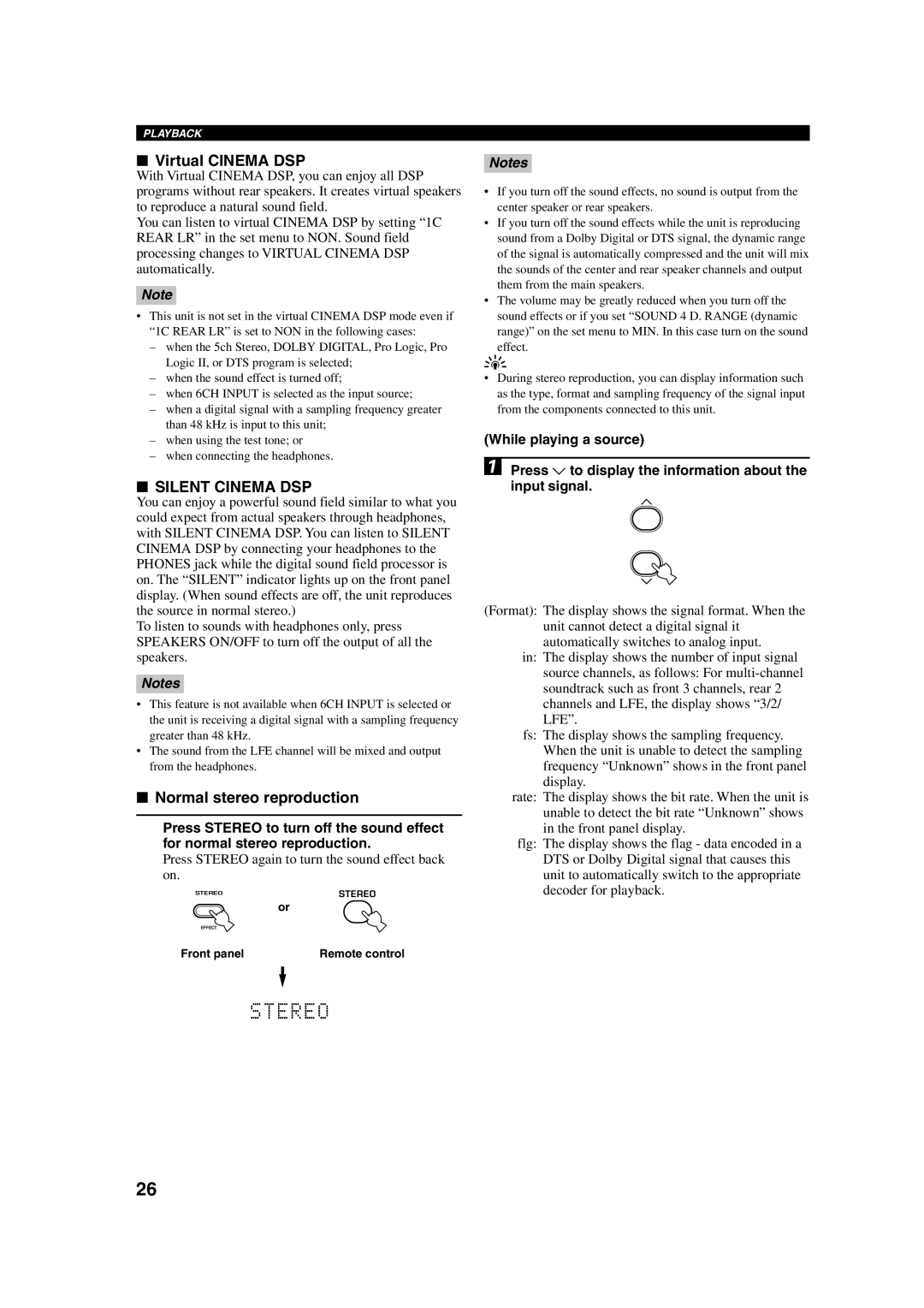 Yamaha HTR-5630RDS owner manual Virtual Cinema DSP, Normal stereo reproduction 