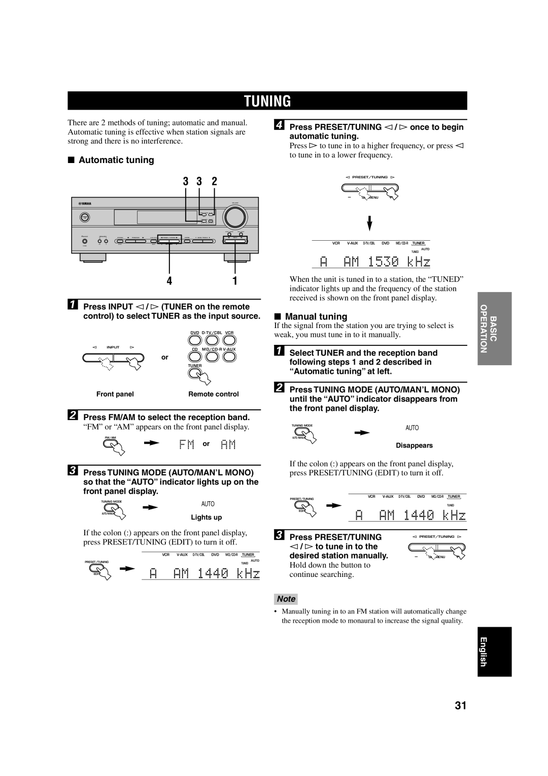 Yamaha HTR-5630RDS owner manual Tuning, Automatic tuning, Manual tuning 