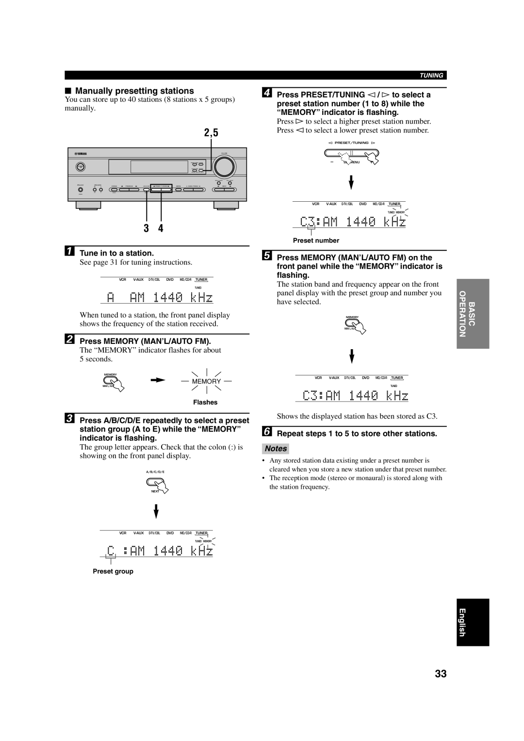 Yamaha HTR-5630RDS Manually presetting stations, Tune in to a station, Repeat steps 1 to 5 to store other stations 