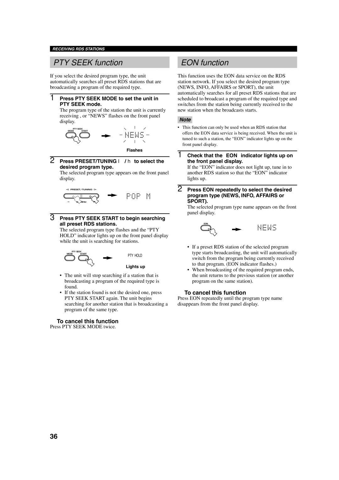 Yamaha HTR-5630RDS owner manual PTY Seek function, EON function, To cancel this function 