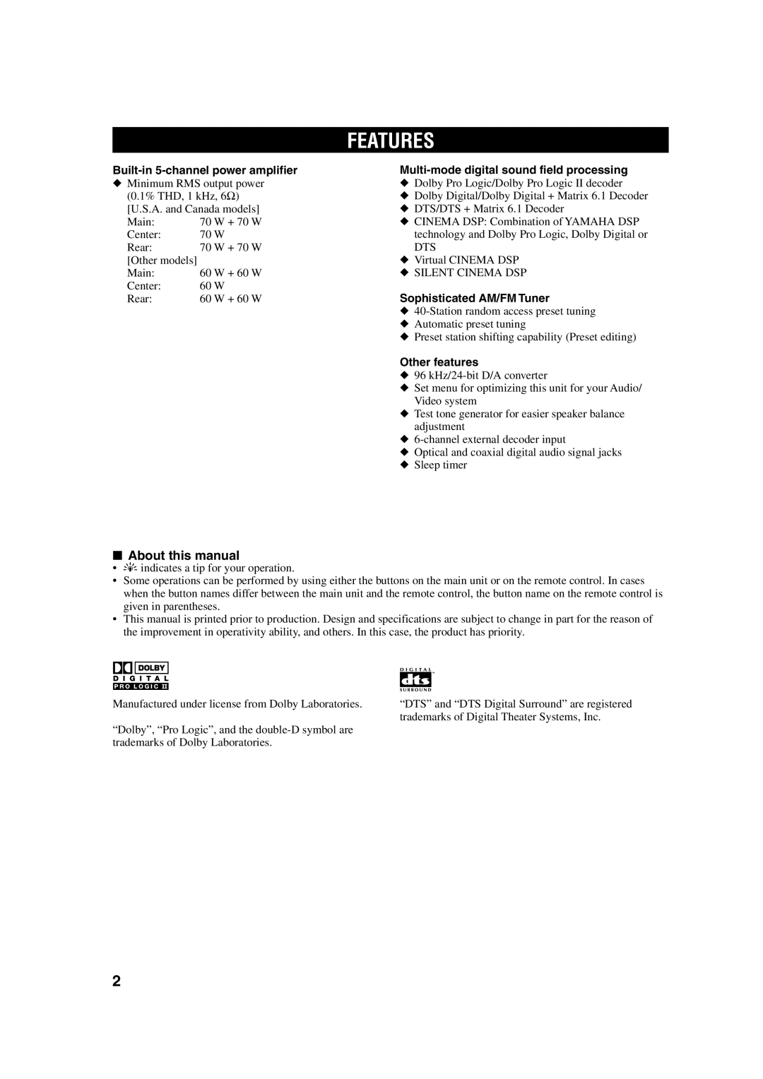 Yamaha HTR-5630RDS owner manual Features, About this manual, Sophisticated AM/FM Tuner, Other features 