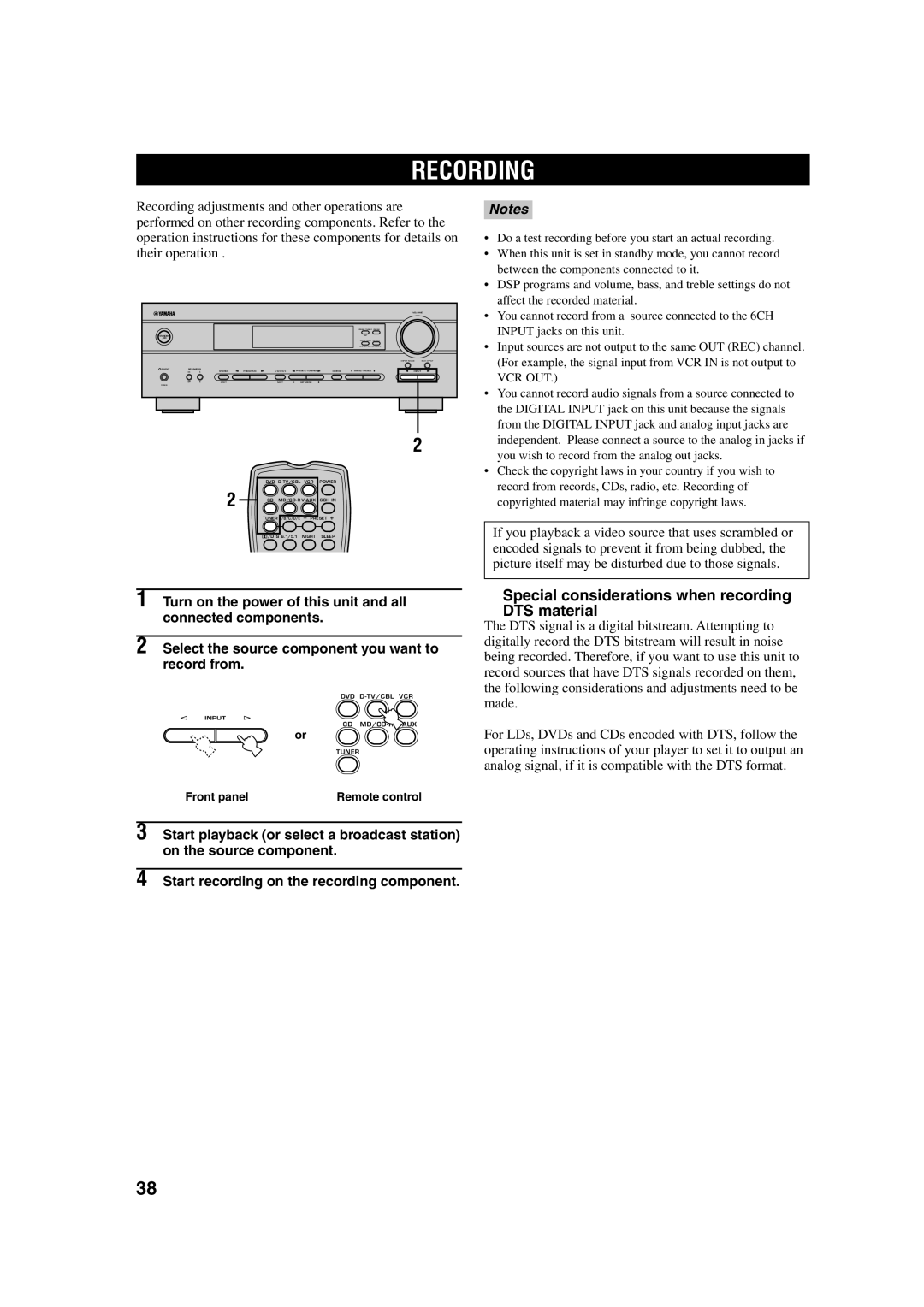 Yamaha HTR-5630RDS owner manual Recording, Special considerations when recording DTS material 