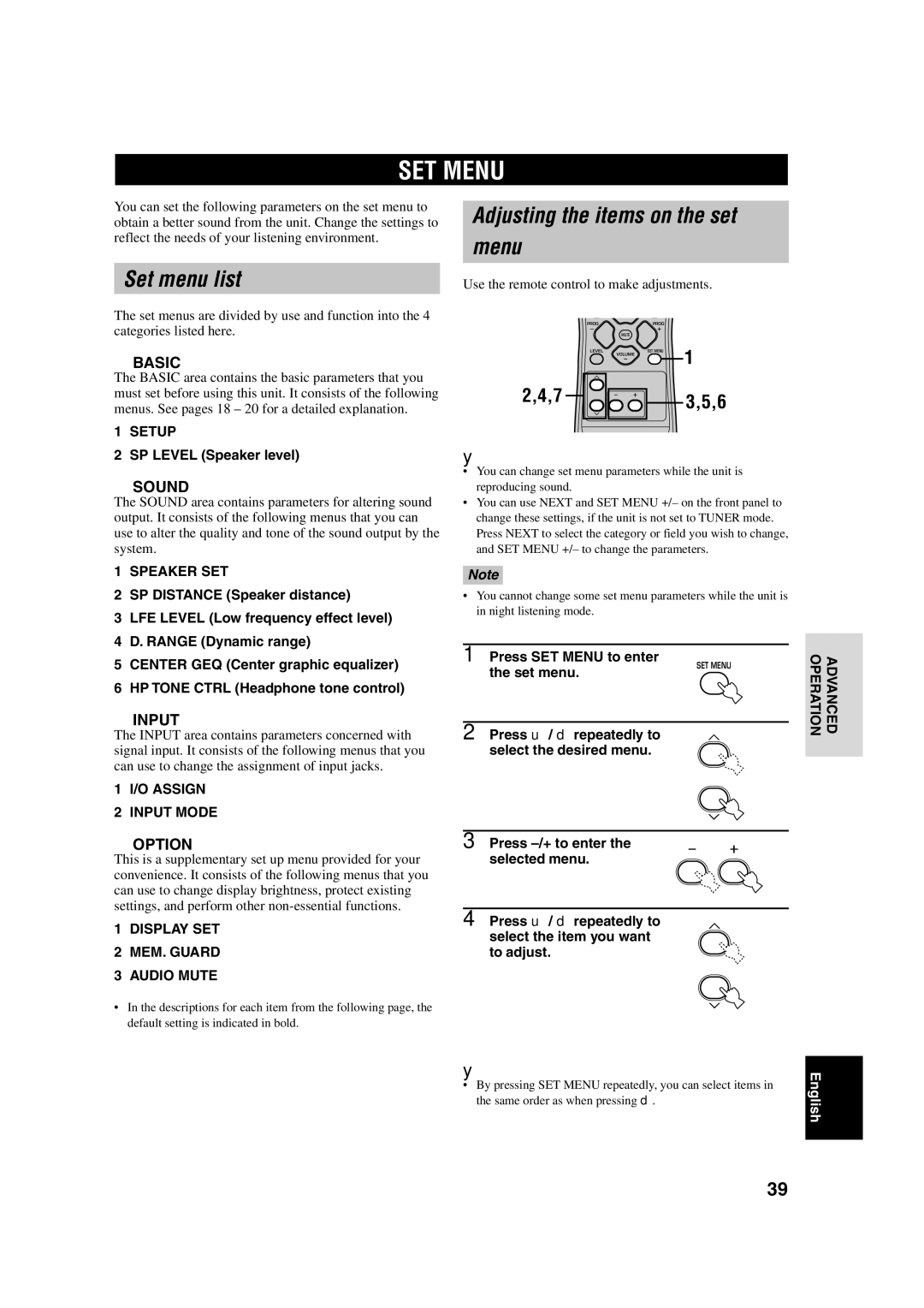 Yamaha HTR-5630RDS owner manual SET Menu, Set menu list, Adjusting the items on the set Menu 