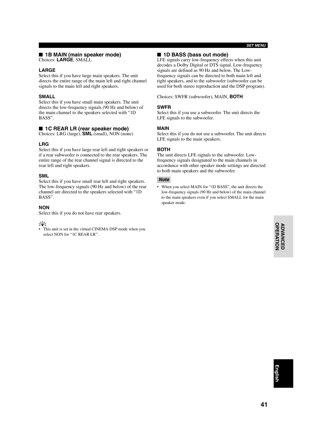 Yamaha HTR-5630RDS owner manual 1B Main main speaker mode, 1C Rear LR rear speaker mode, 1D Bass bass out mode 