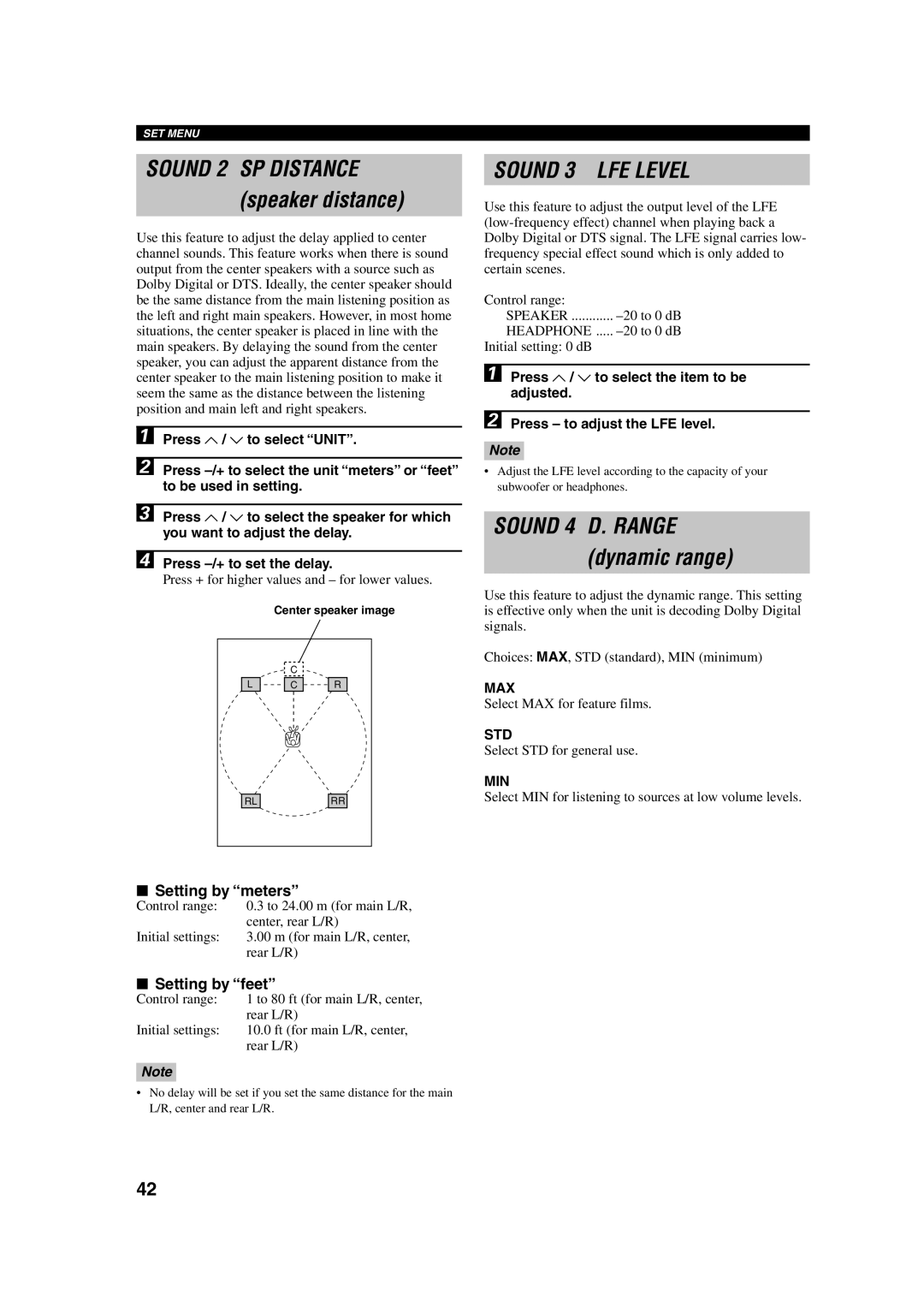 Yamaha HTR-5630RDS owner manual Speaker distance, Dynamic range, Setting by meters, Setting by feet 