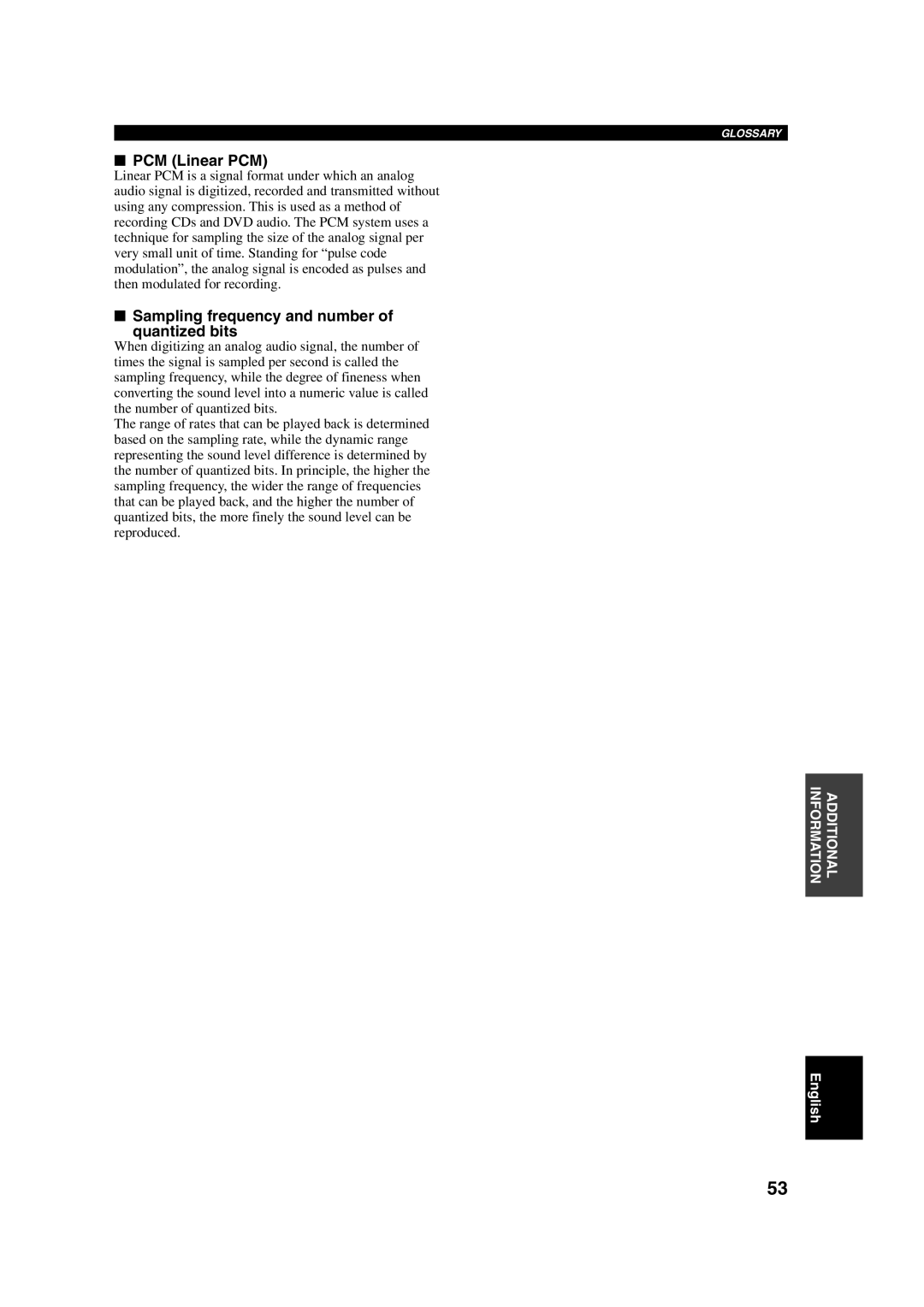 Yamaha HTR-5630RDS owner manual PCM Linear PCM, Sampling frequency and number Quantized bits 