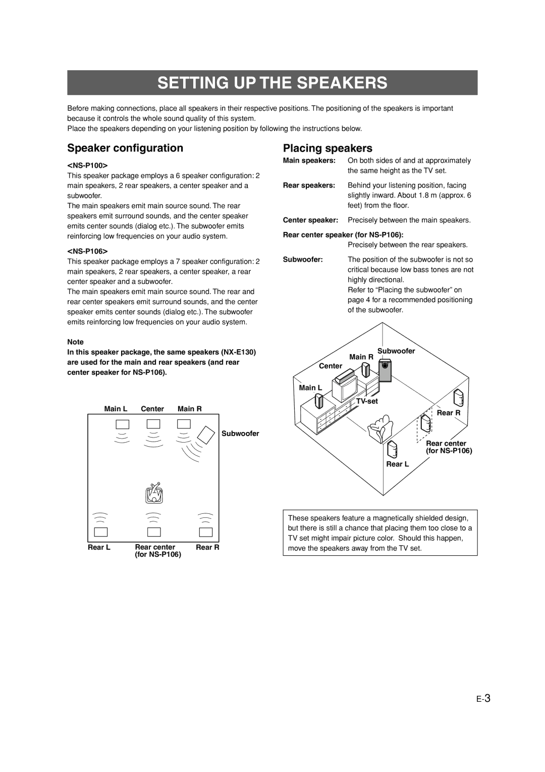 Yamaha HTR-5630RDS owner manual Subwoofer Rear L Rear center Rear R For NS-P106, Rear center speaker for NS-P106 