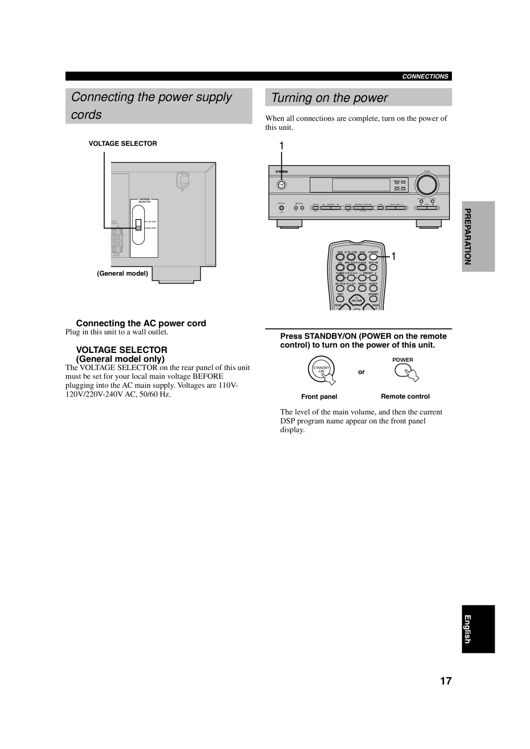 Yamaha HTR-5630RDS owner manual Connecting the power supply Cords, Turning on the power, Connecting the AC power cord 