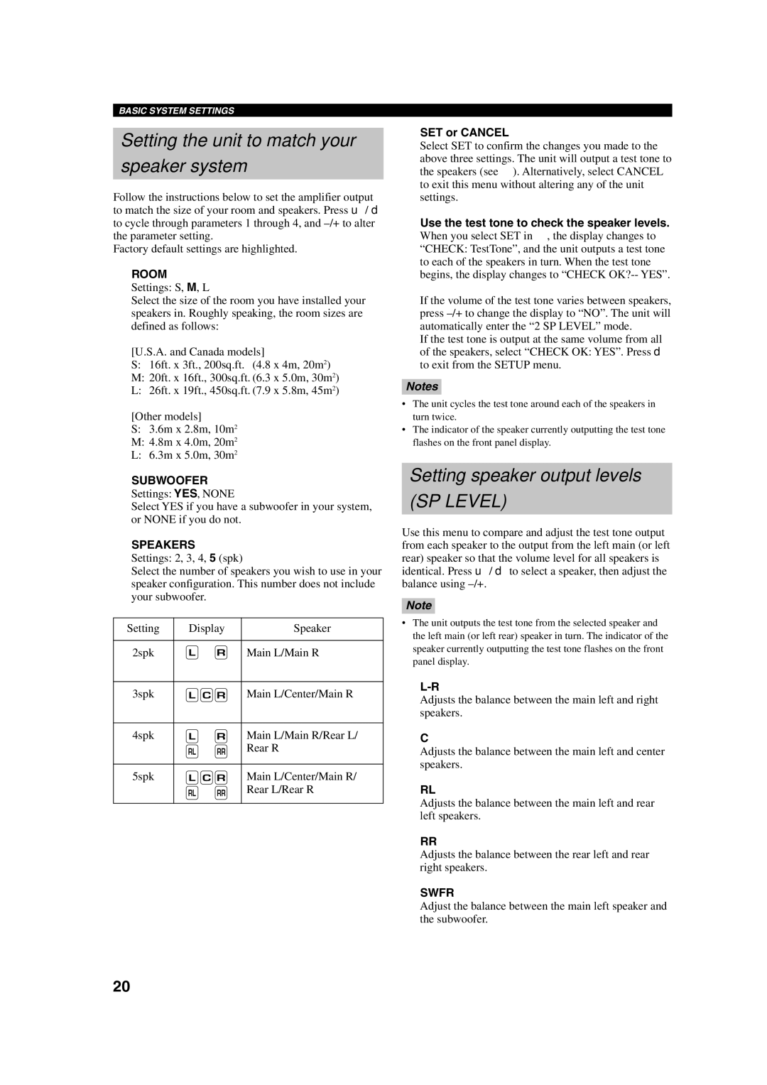 Yamaha HTR-5630RDS owner manual Setting the unit to match your Speaker system, Setting speaker output levels 