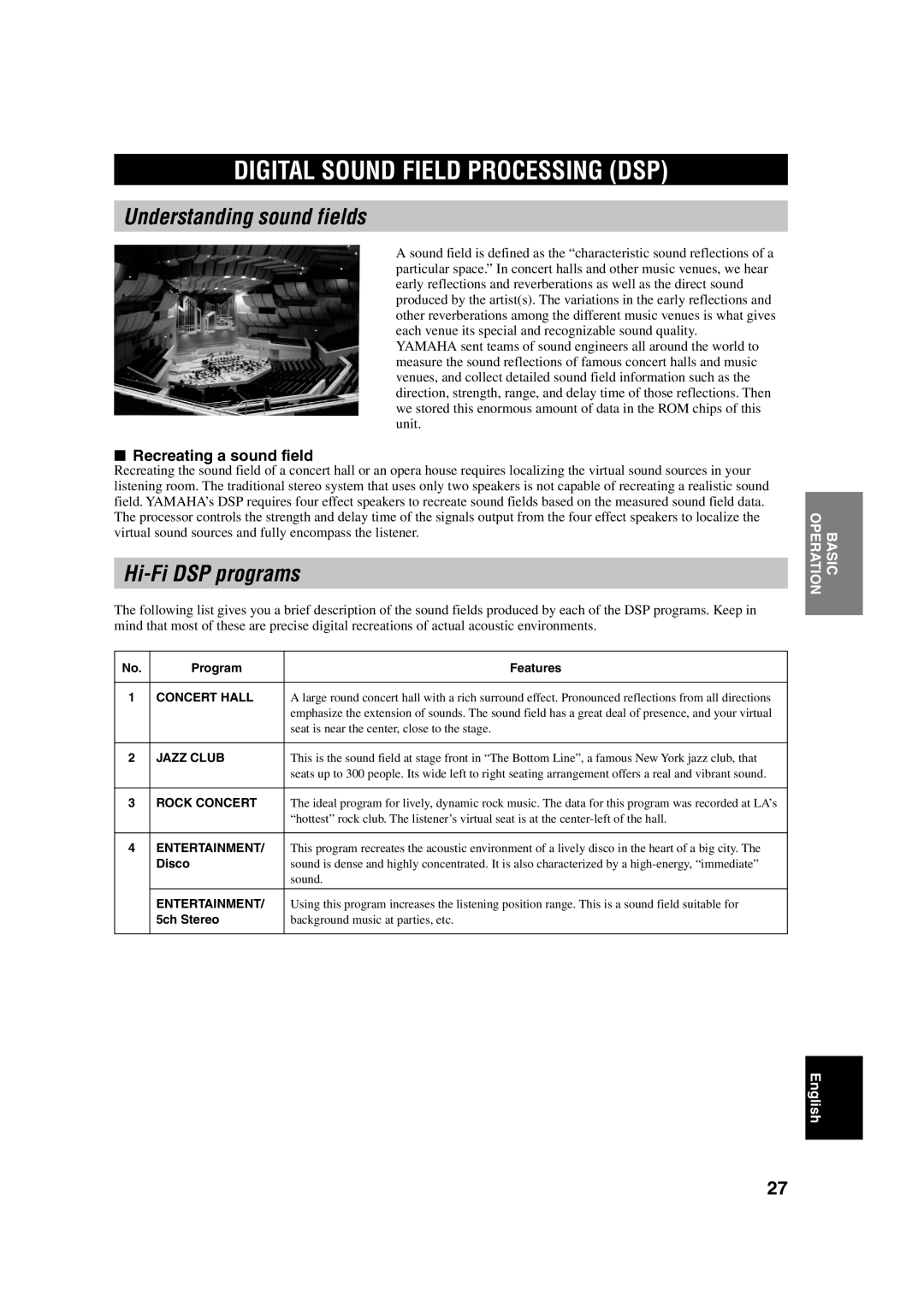 Yamaha HTR-5630RDS owner manual Digital Sound Field Processing DSP, Understanding sound fields, Hi-Fi DSP programs 