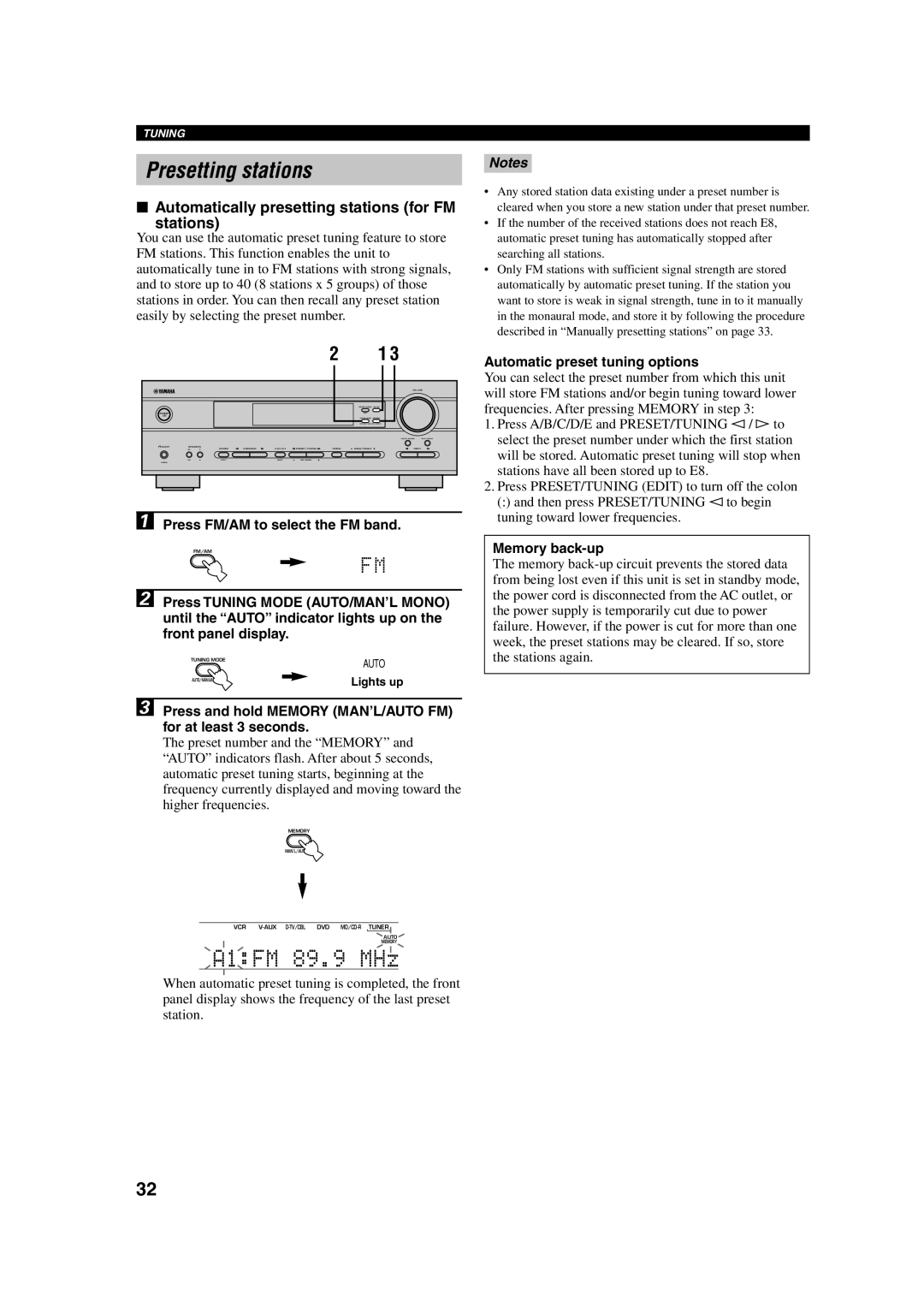 Yamaha HTR-5630RDS owner manual Presetting stations, Automatically presetting stations for FM Stations 