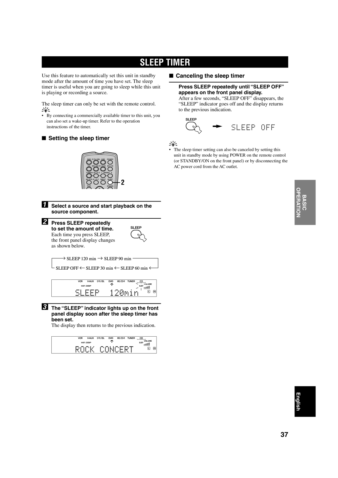 Yamaha HTR-5630RDS Sleep Timer, Canceling the sleep timer, Setting the sleep timer, Press Sleep repeatedly until Sleep OFF 