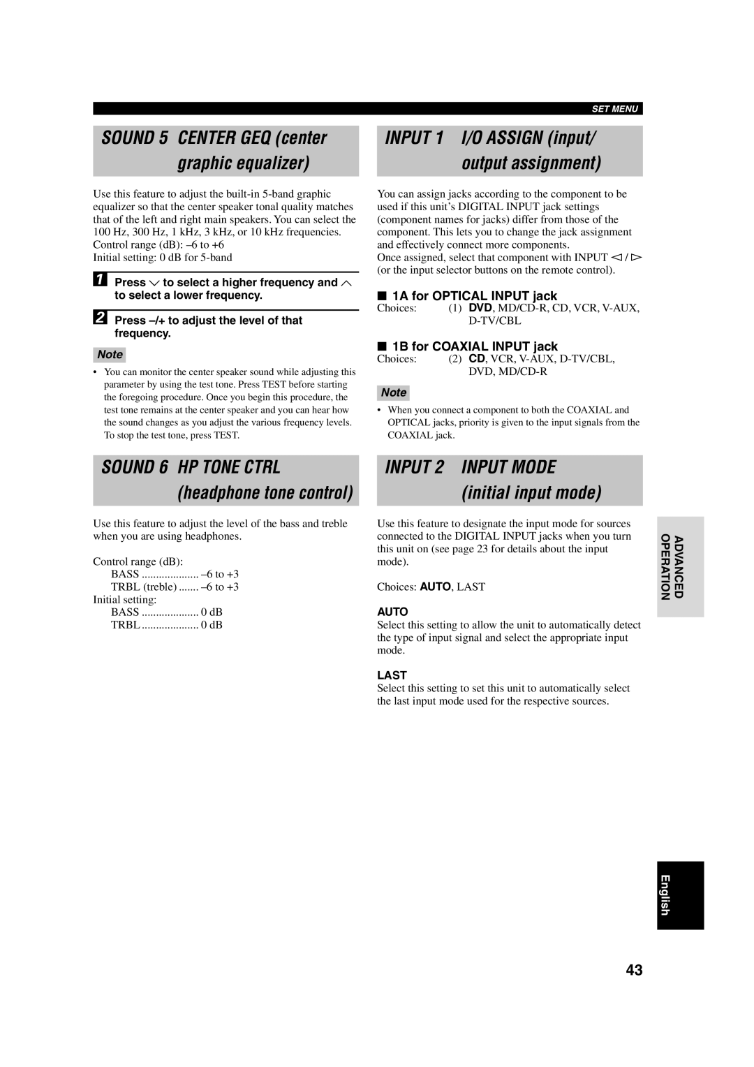 Yamaha HTR-5630RDS owner manual Sound 5 Center GEQ center Graphic equalizer, Input 1 I/O Assign input Output assignment 