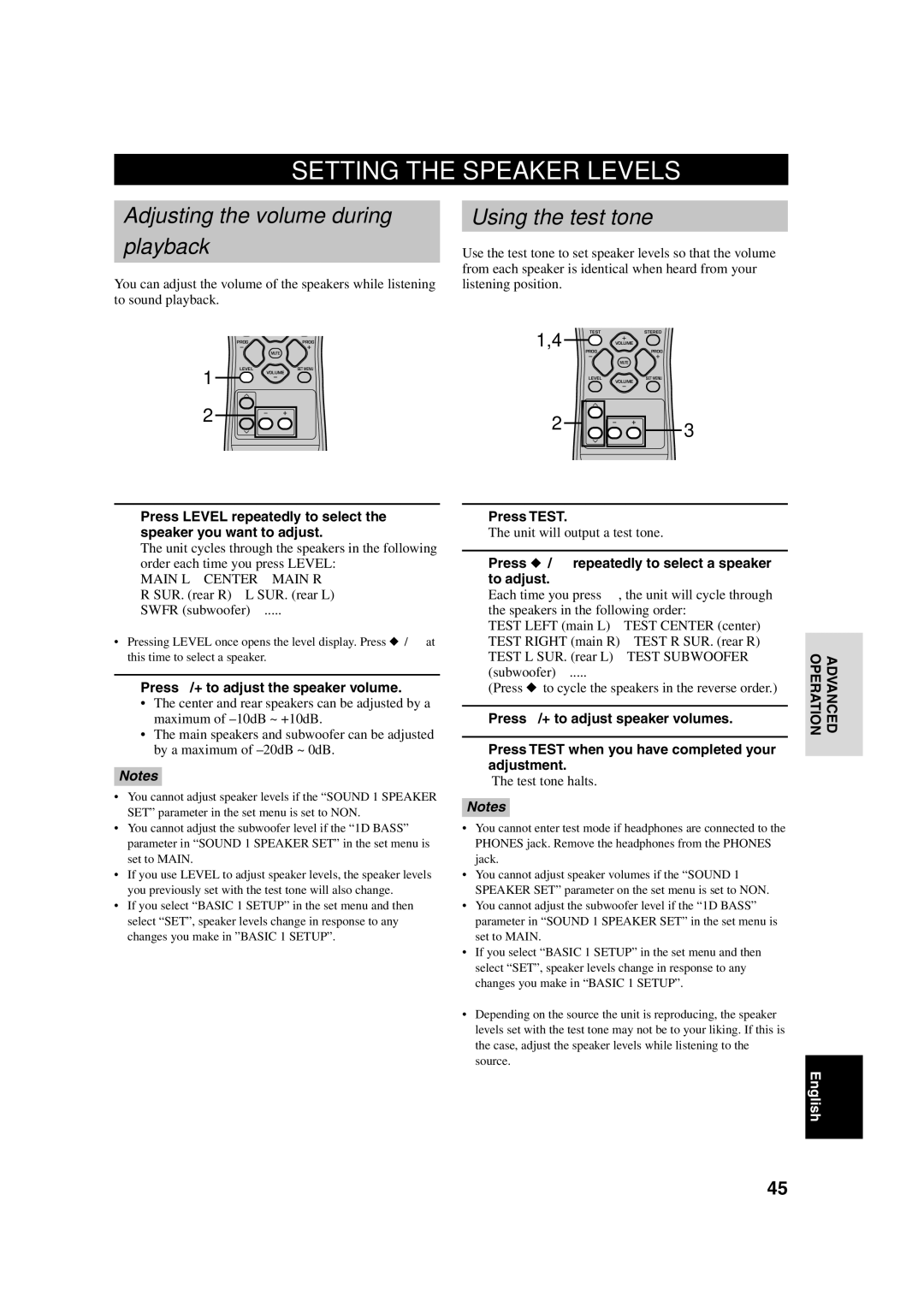 Yamaha HTR-5630RDS owner manual Setting the Speaker Levels, Adjusting the volume during Playback, Using the test tone 