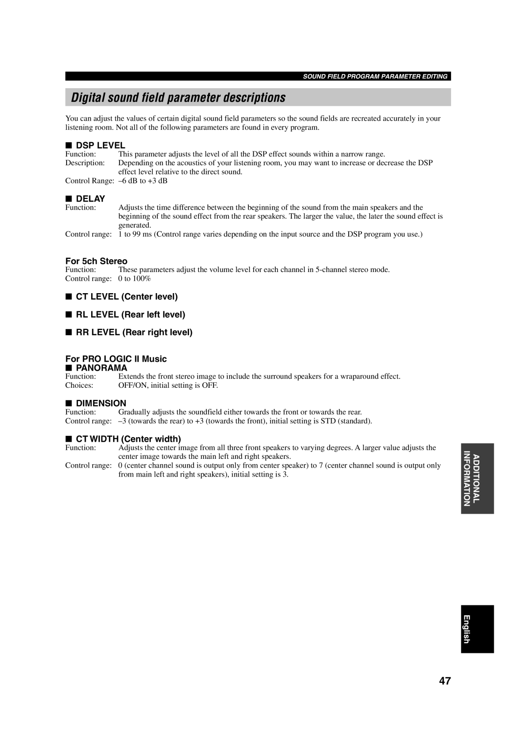 Yamaha HTR-5630RDS owner manual Digital sound field parameter descriptions, For 5ch Stereo, CT Width Center width 