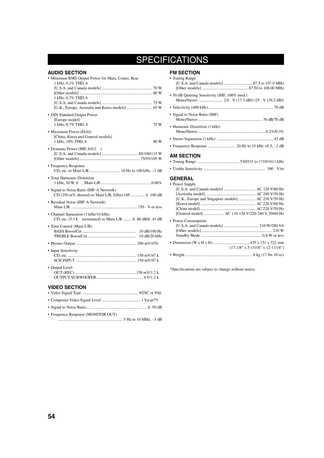 Yamaha HTR-5630RDS owner manual Specifications 