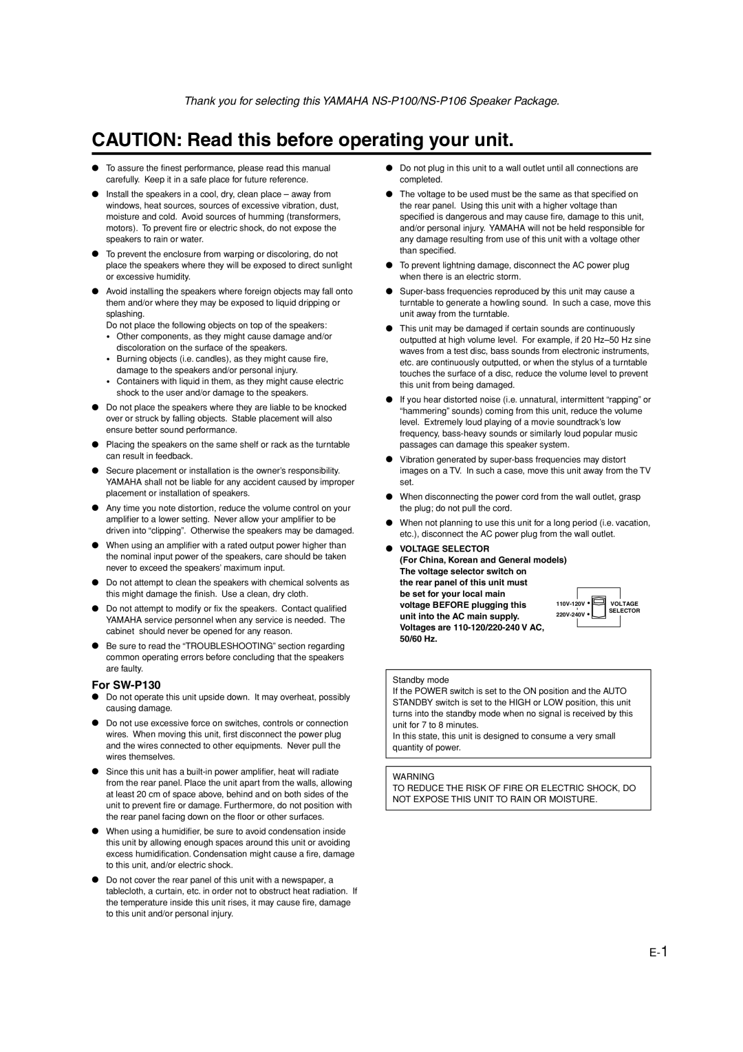 Yamaha HTR-5630RDS owner manual For SW-P130, Voltage Selector 