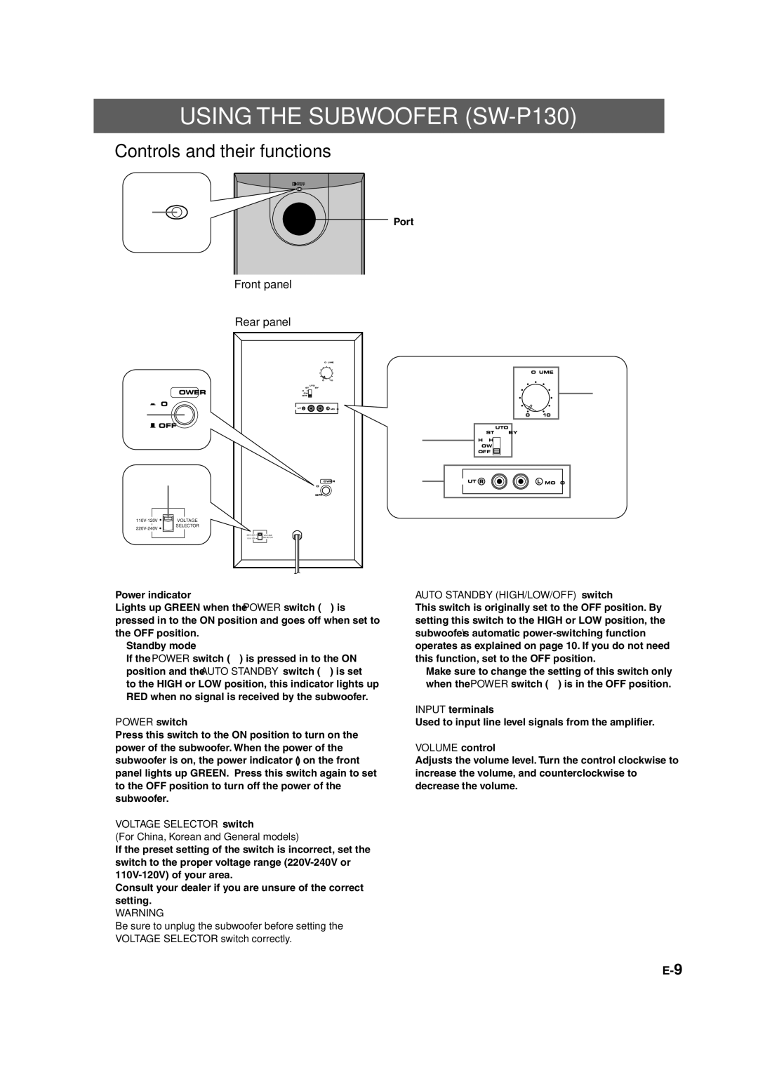 Yamaha HTR-5630RDS owner manual Front panel Rear panel, Power switch, Auto Standby HIGH/LOW/OFF switch, Volume control 