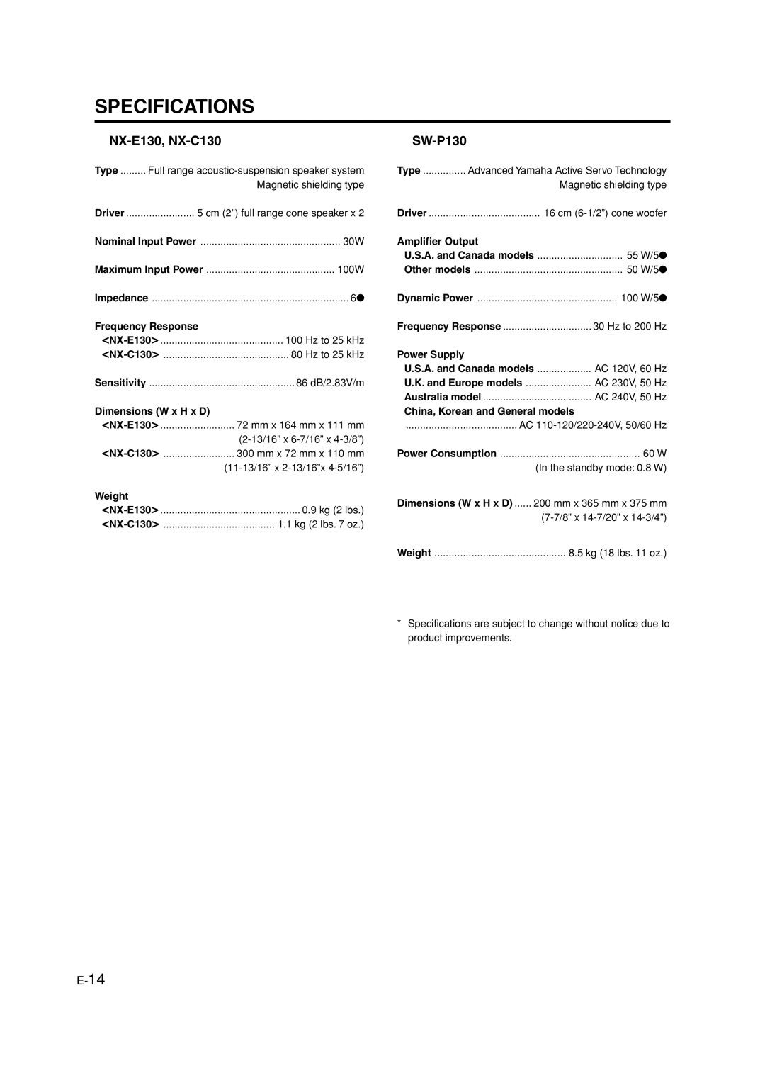 Yamaha HTR-5630RDS owner manual  NX-E130, NX-C130,  SW-P130 