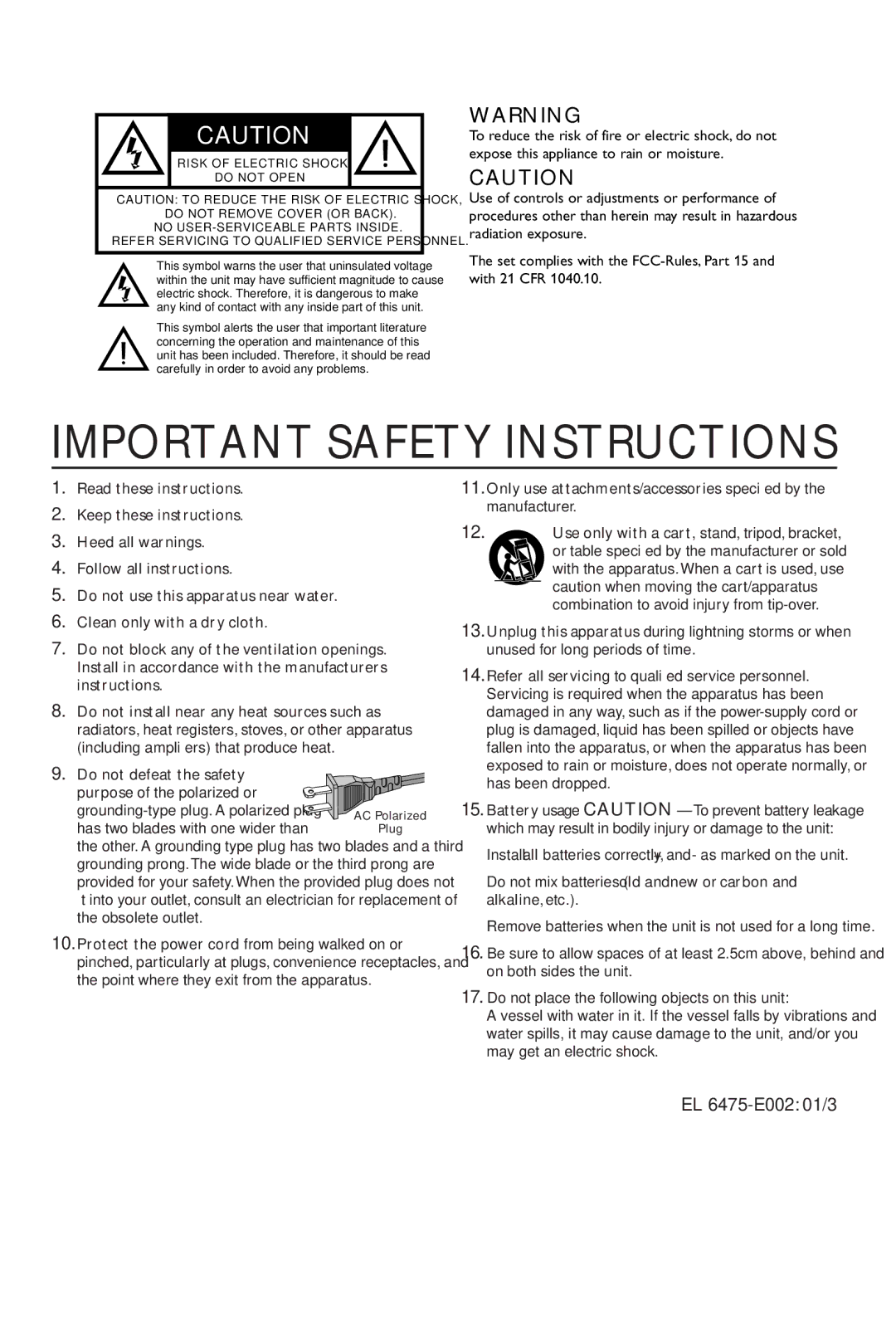 Yamaha HTR-5630RDS owner manual Important Safety Instructions, EL 6475-E002 01/3 