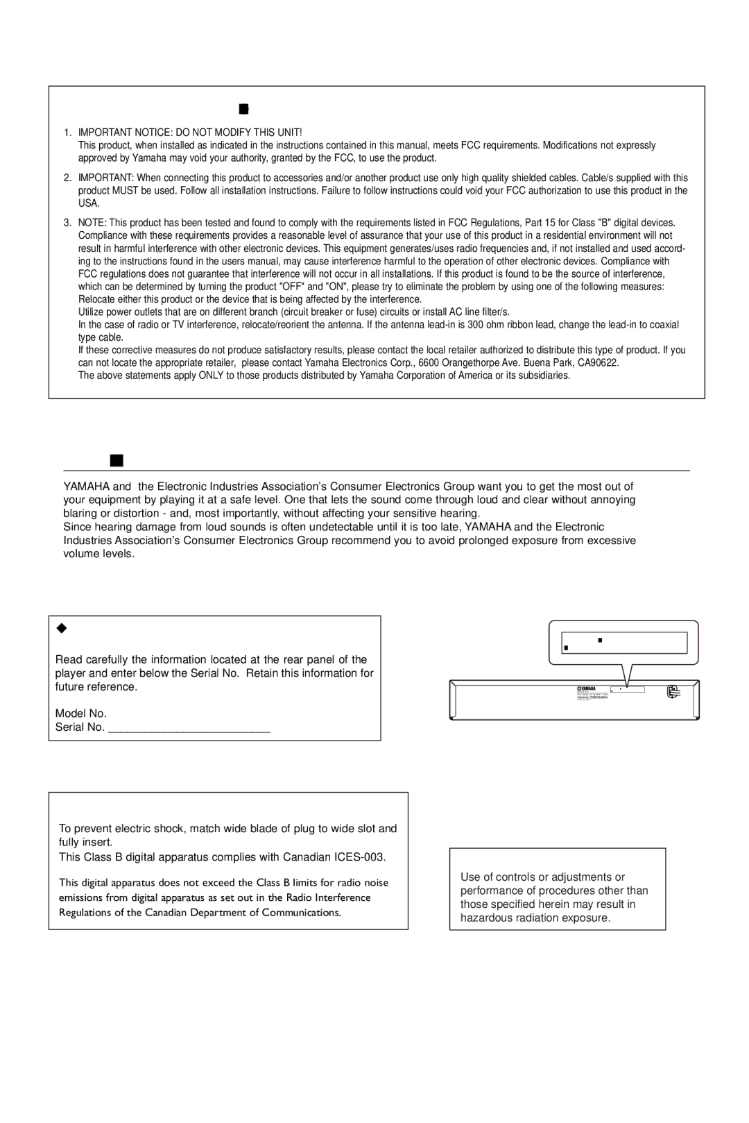 Yamaha HTR-5630RDS We Want You Listening For a Lifetime, FCC Information for US customers only, For Customer Use 