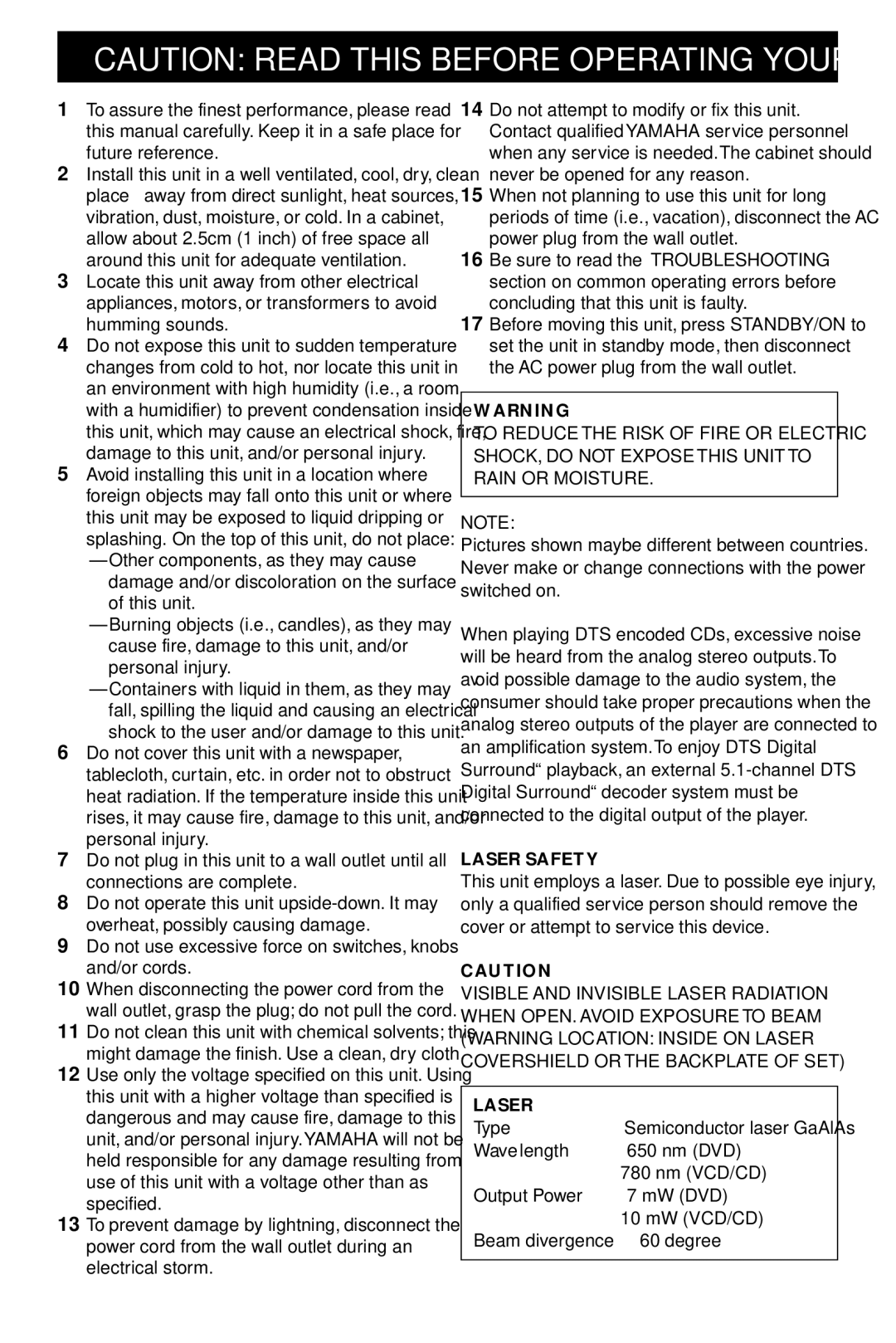 Yamaha HTR-5630RDS owner manual Laser Safety 