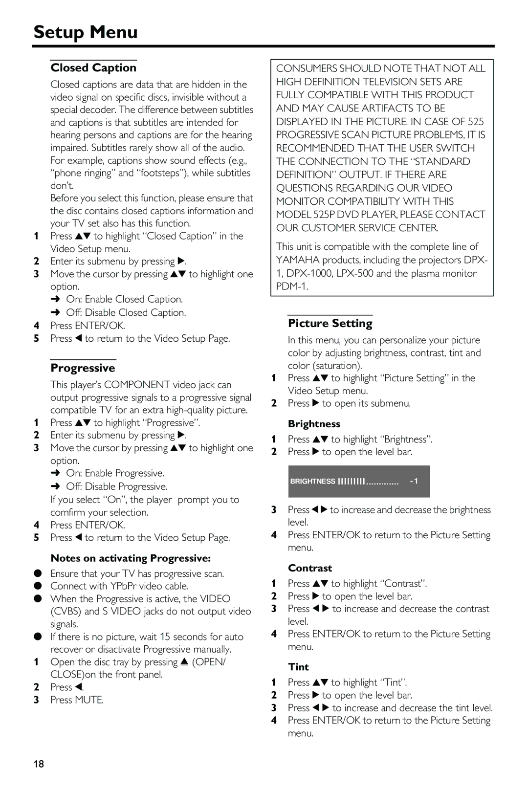 Yamaha HTR-5630RDS owner manual Closed Caption, Progressive, Picture Setting 