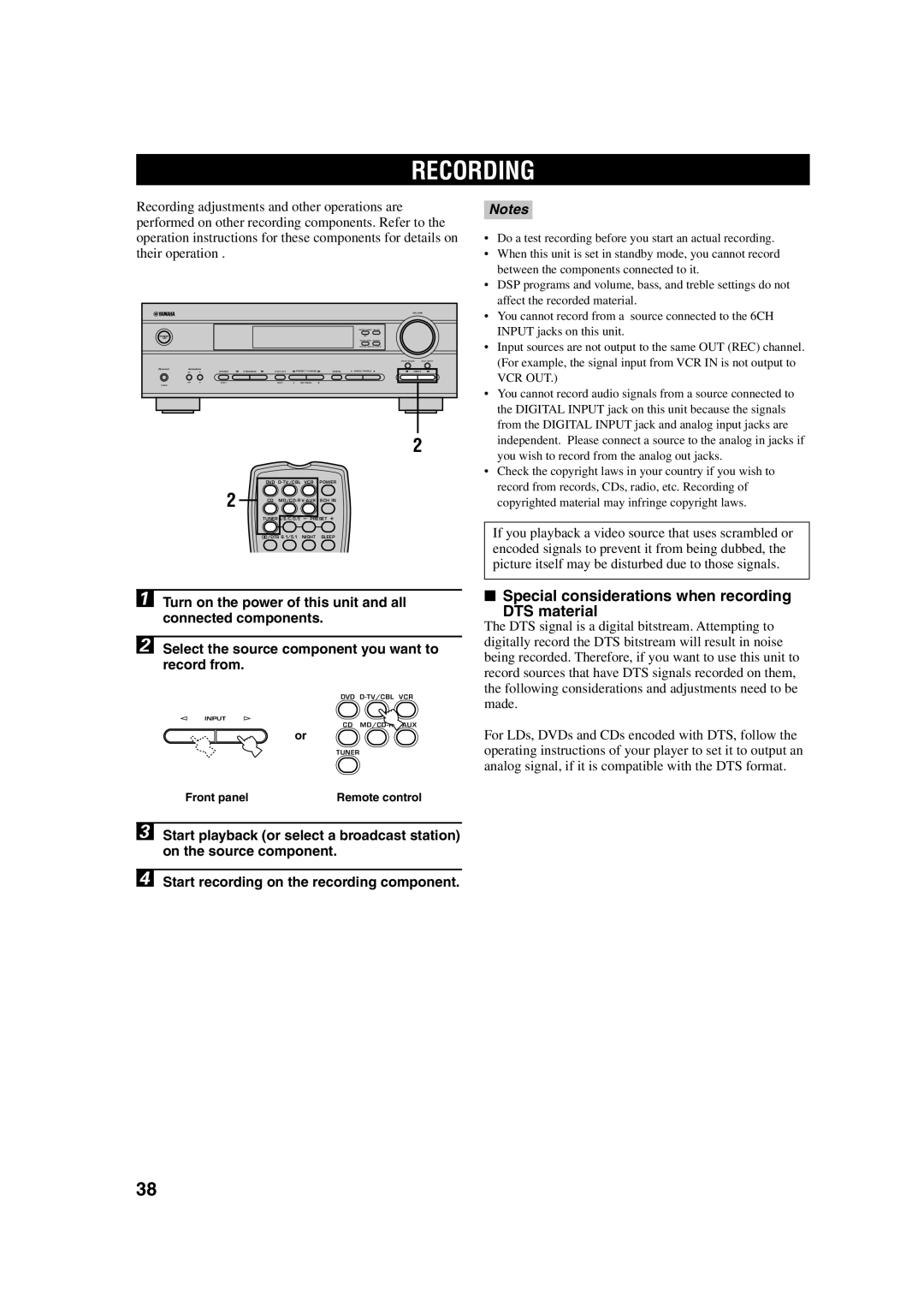 Yamaha HTR-5630RDS owner manual Recording, Special considerations when recording DTS material 
