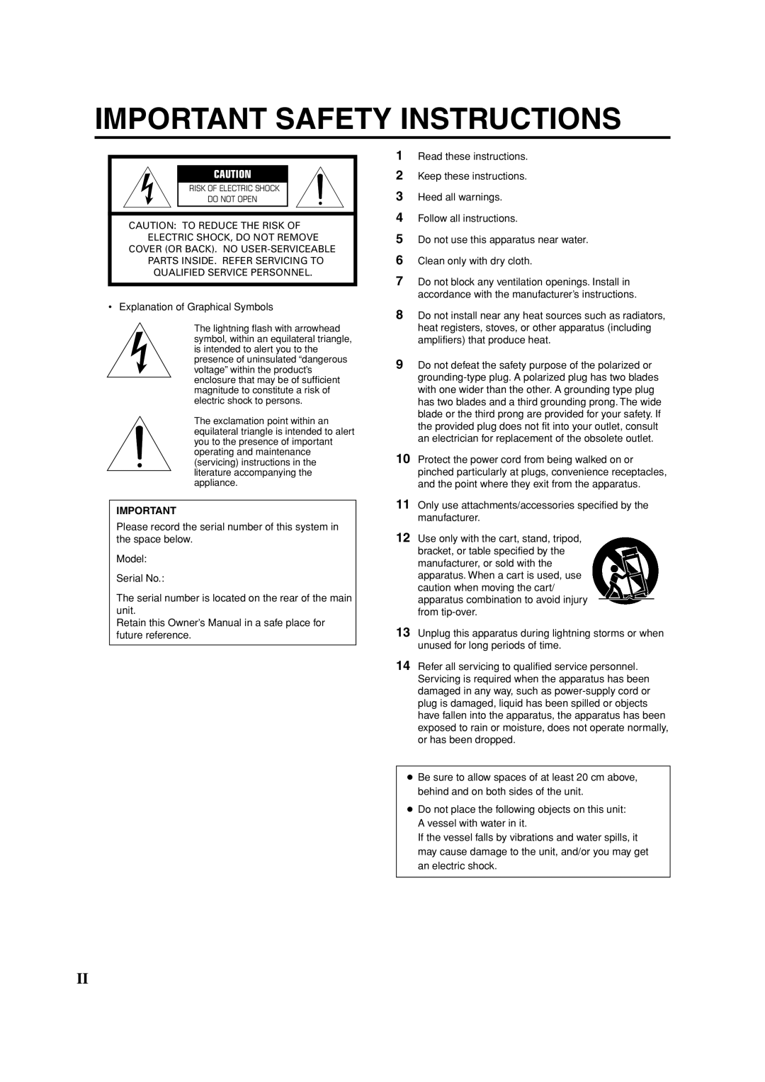 Yamaha HTR-5630RDS owner manual Important Safety Instructions 